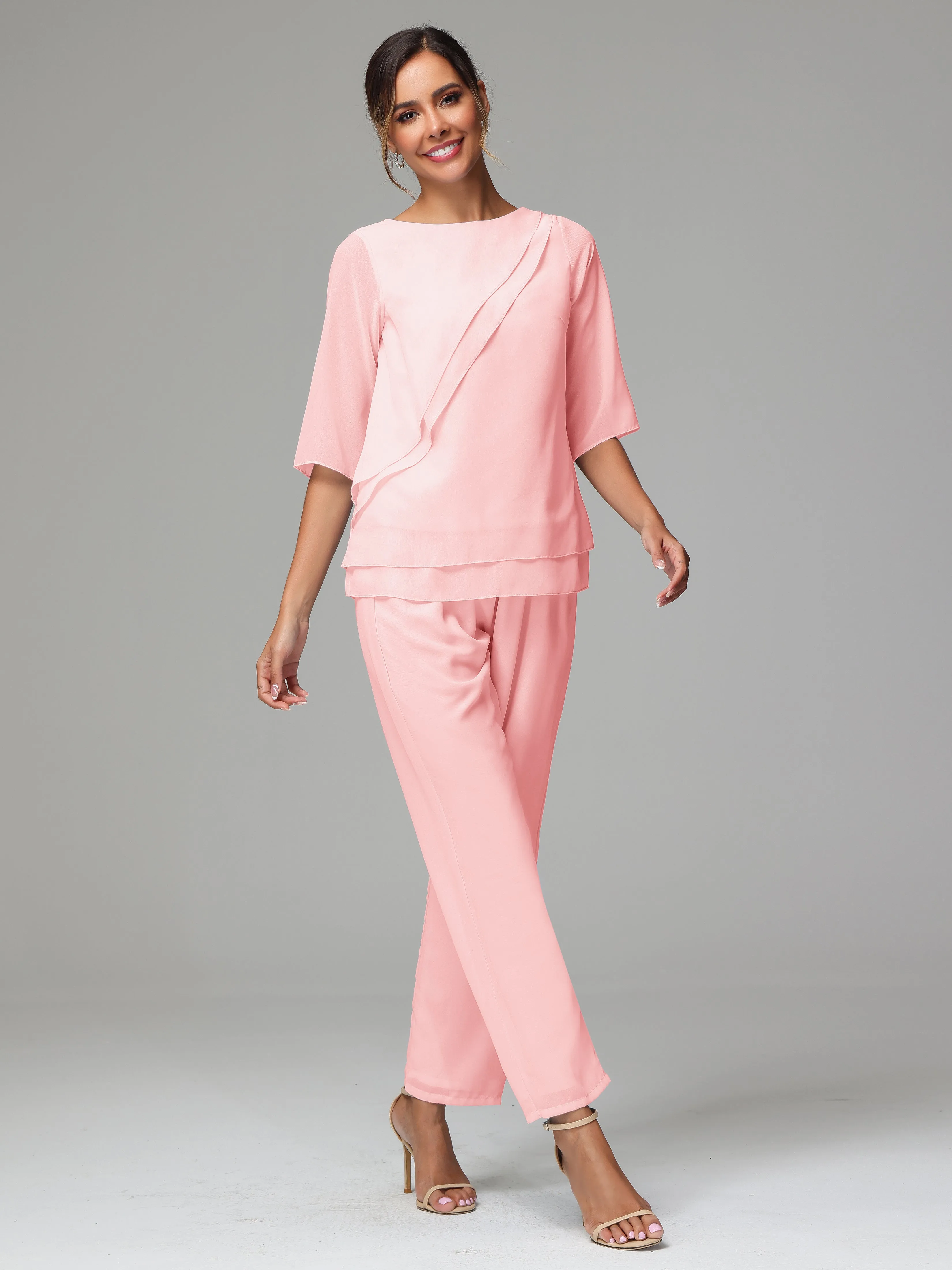 Simple Chiffon Half Sleeves Mother Of The Bride Dress Pants Suits