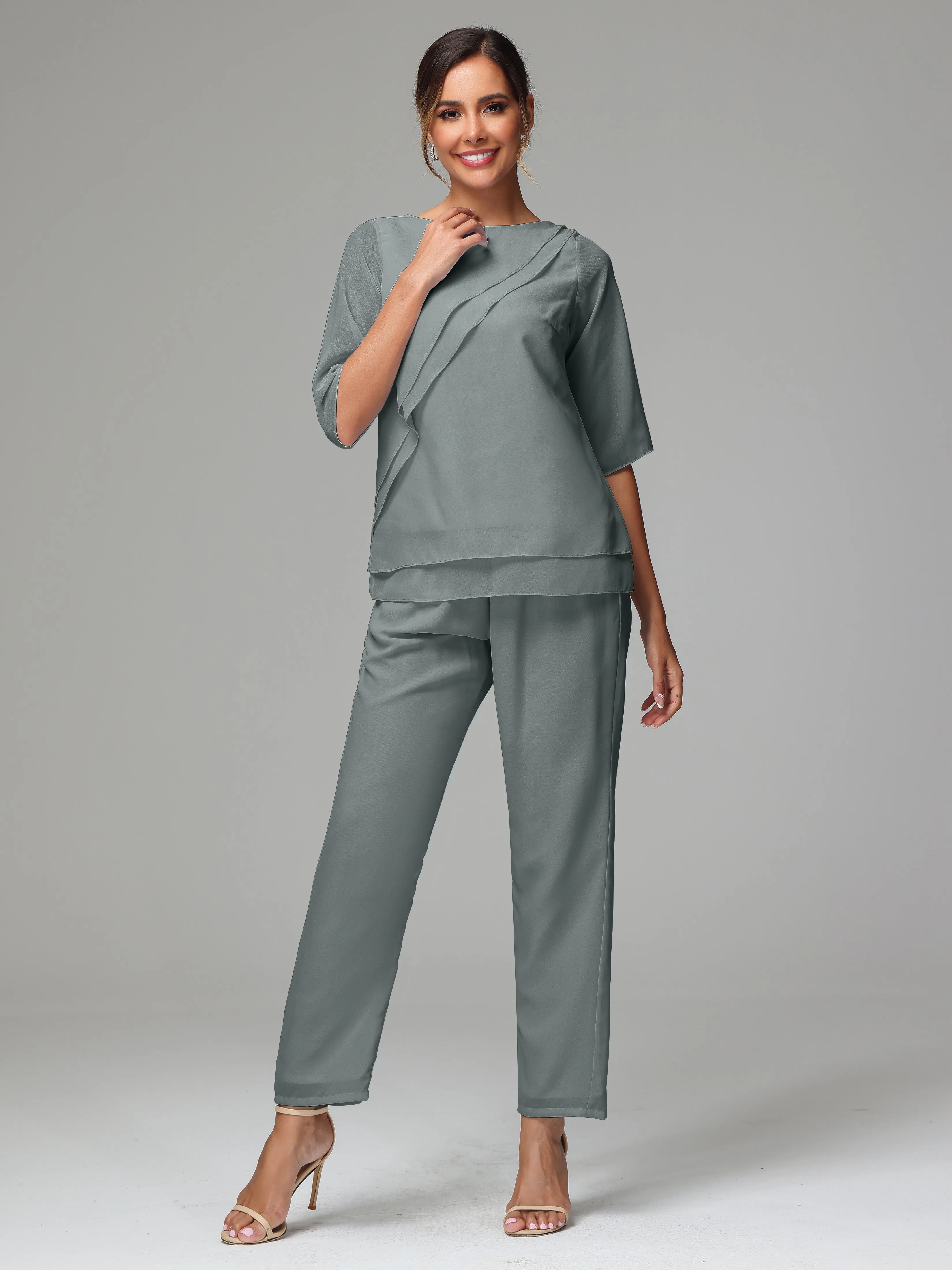 Simple Chiffon Half Sleeves Mother Of The Bride Dress Pants Suits