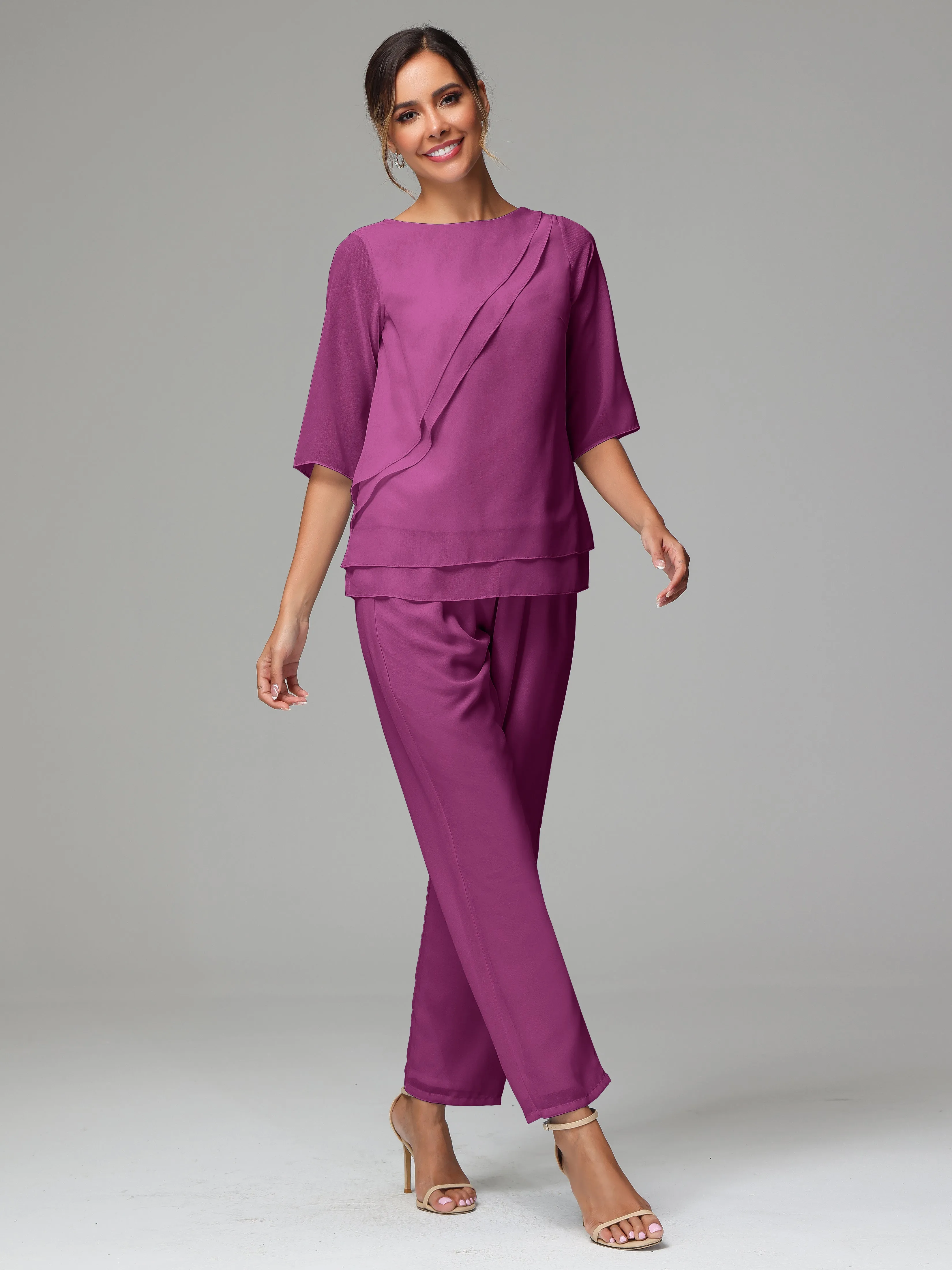 Simple Chiffon Half Sleeves Mother Of The Bride Dress Pants Suits
