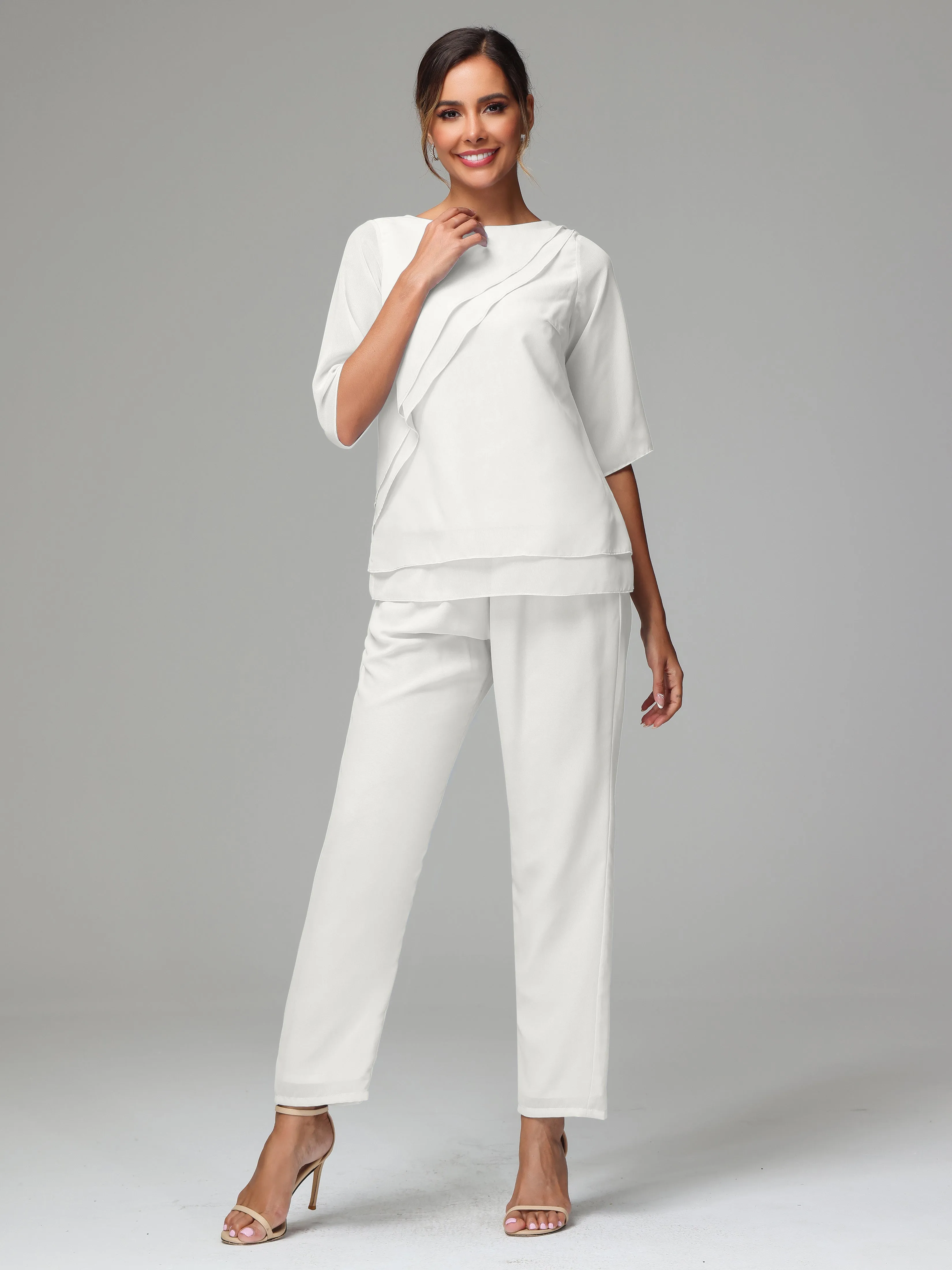 Simple Chiffon Half Sleeves Mother Of The Bride Dress Pants Suits