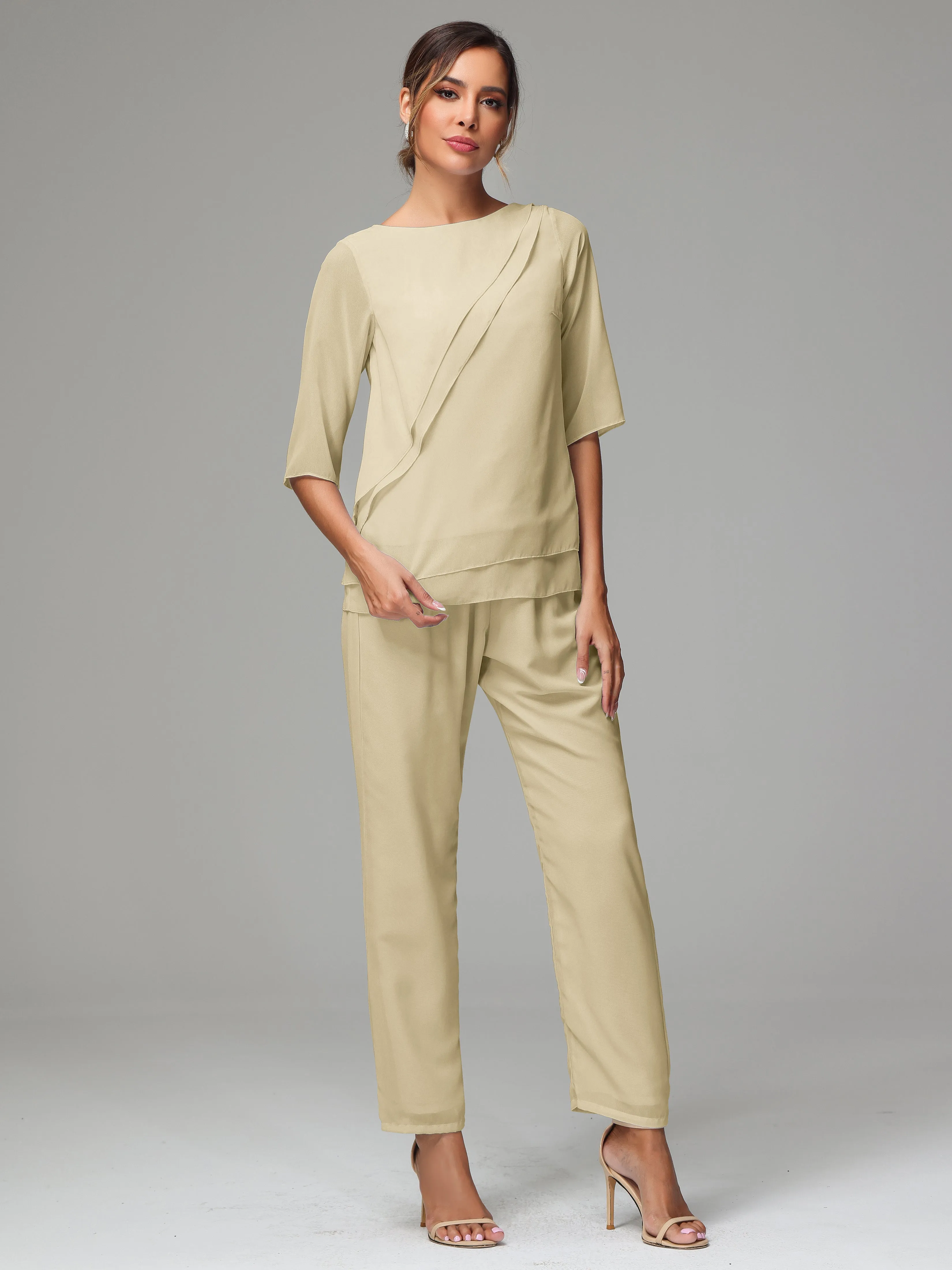Simple Chiffon Half Sleeves Mother Of The Bride Dress Pants Suits