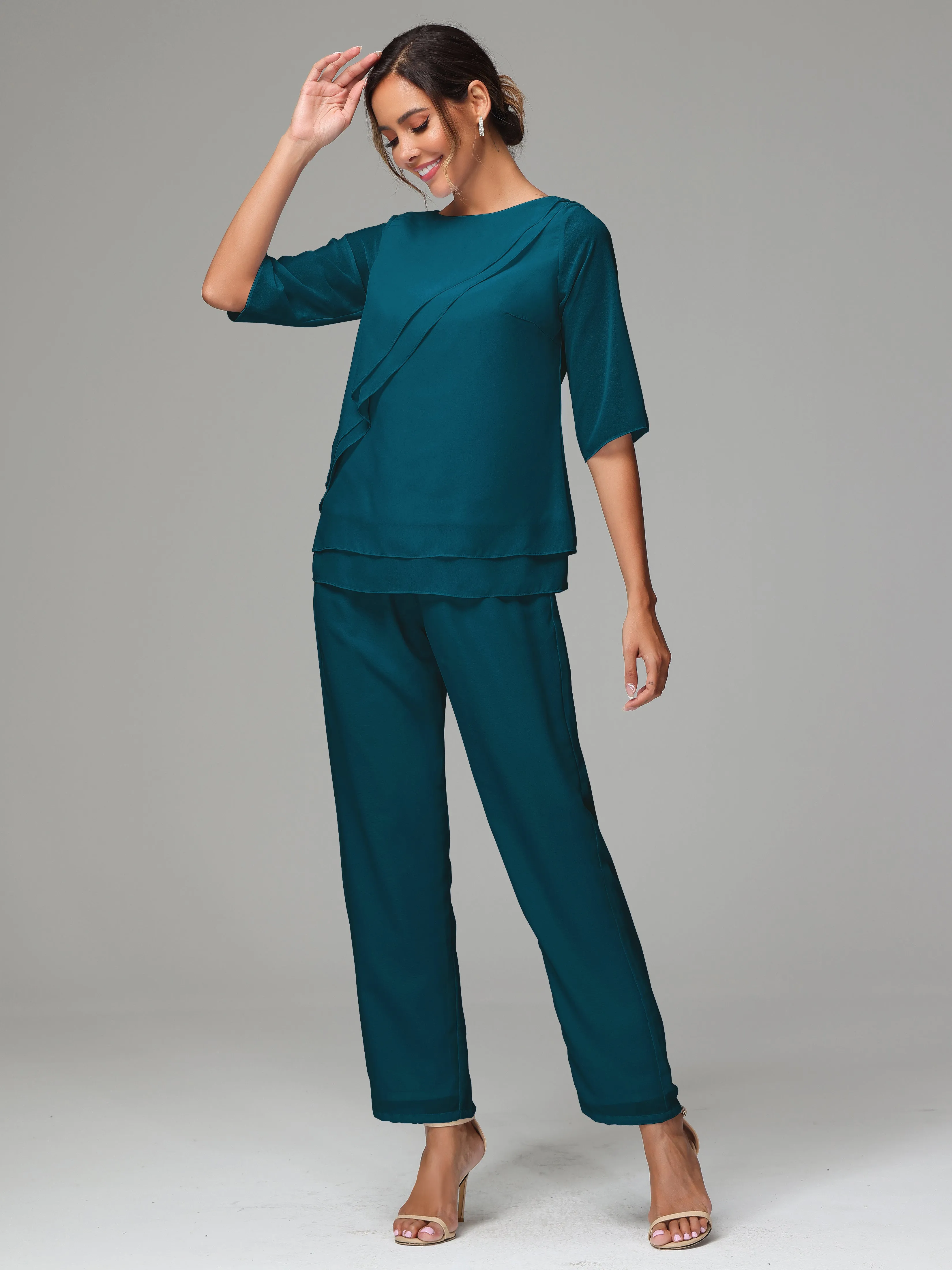 Simple Chiffon Half Sleeves Mother Of The Bride Dress Pants Suits