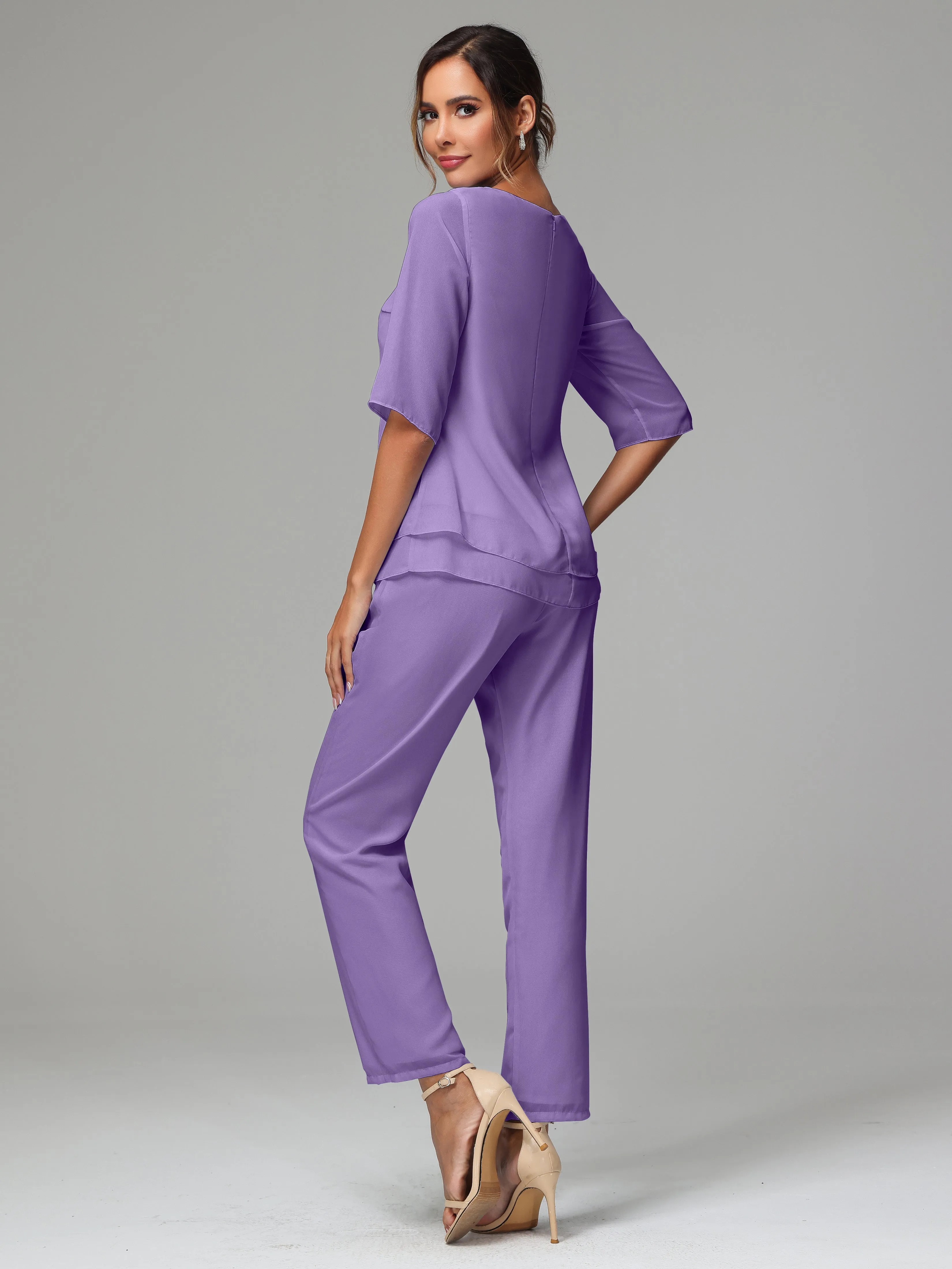 Simple Chiffon Half Sleeves Mother Of The Bride Dress Pants Suits