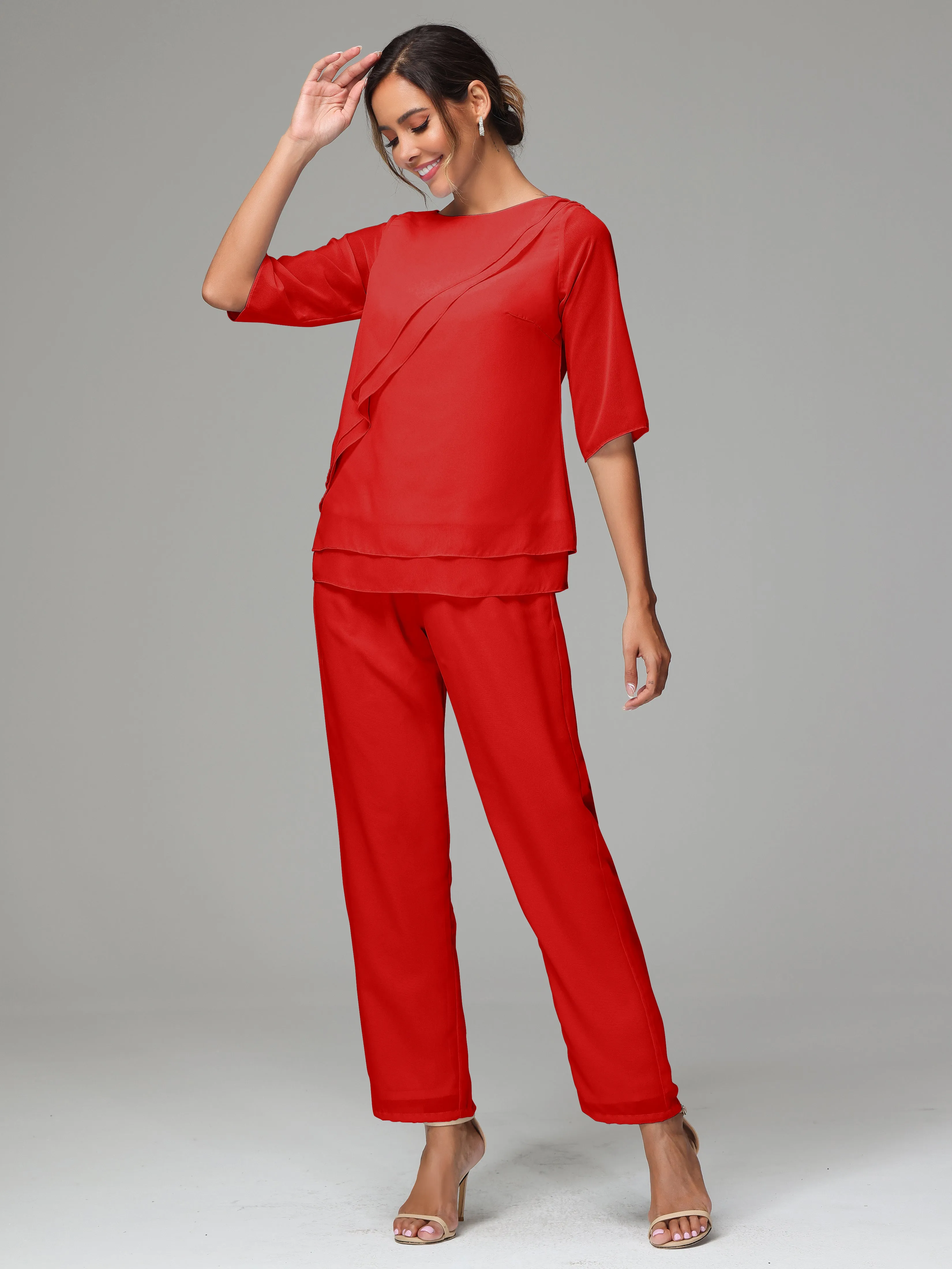 Simple Chiffon Half Sleeves Mother Of The Bride Dress Pants Suits