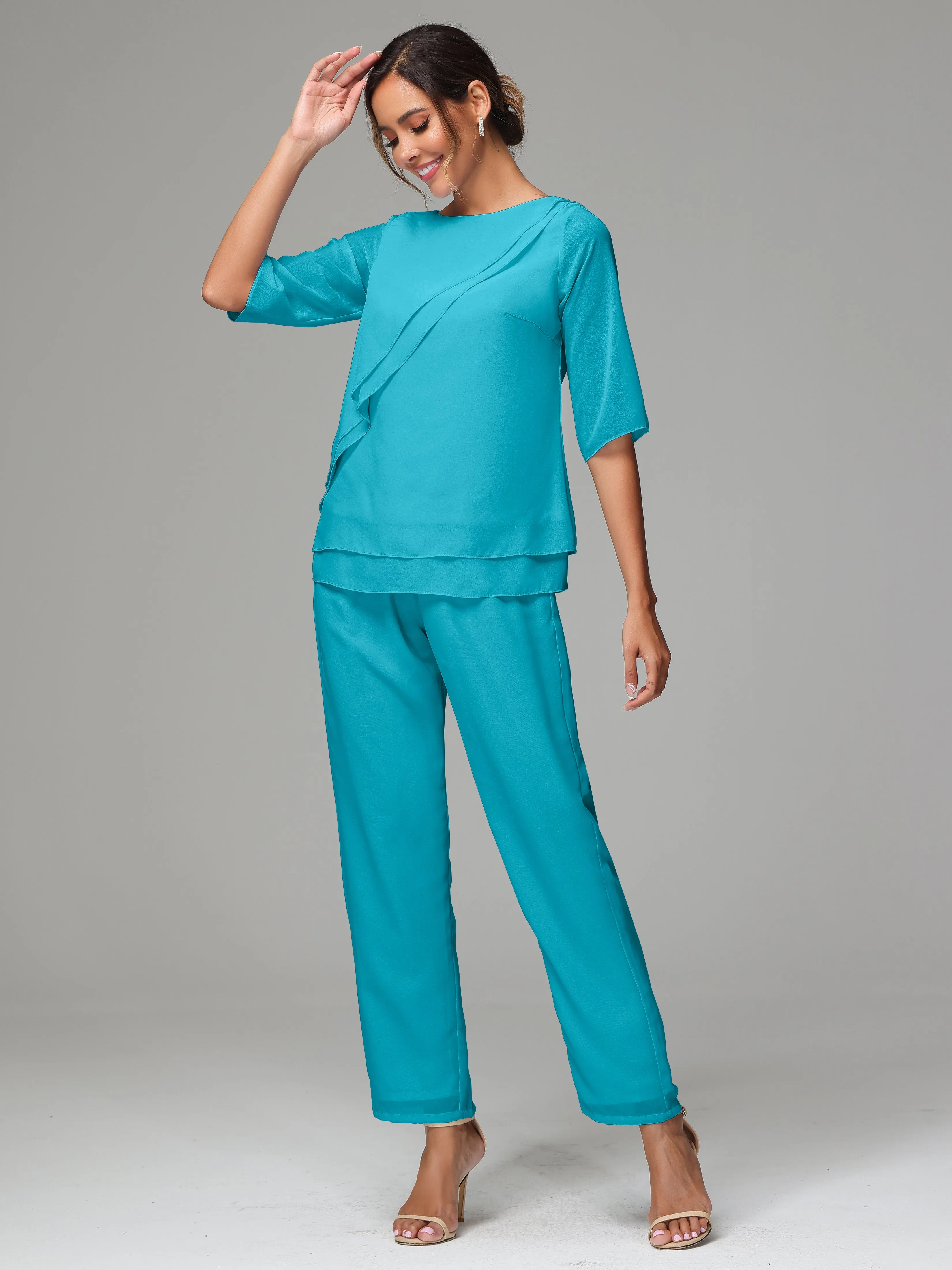 Simple Chiffon Half Sleeves Mother Of The Bride Dress Pants Suits
