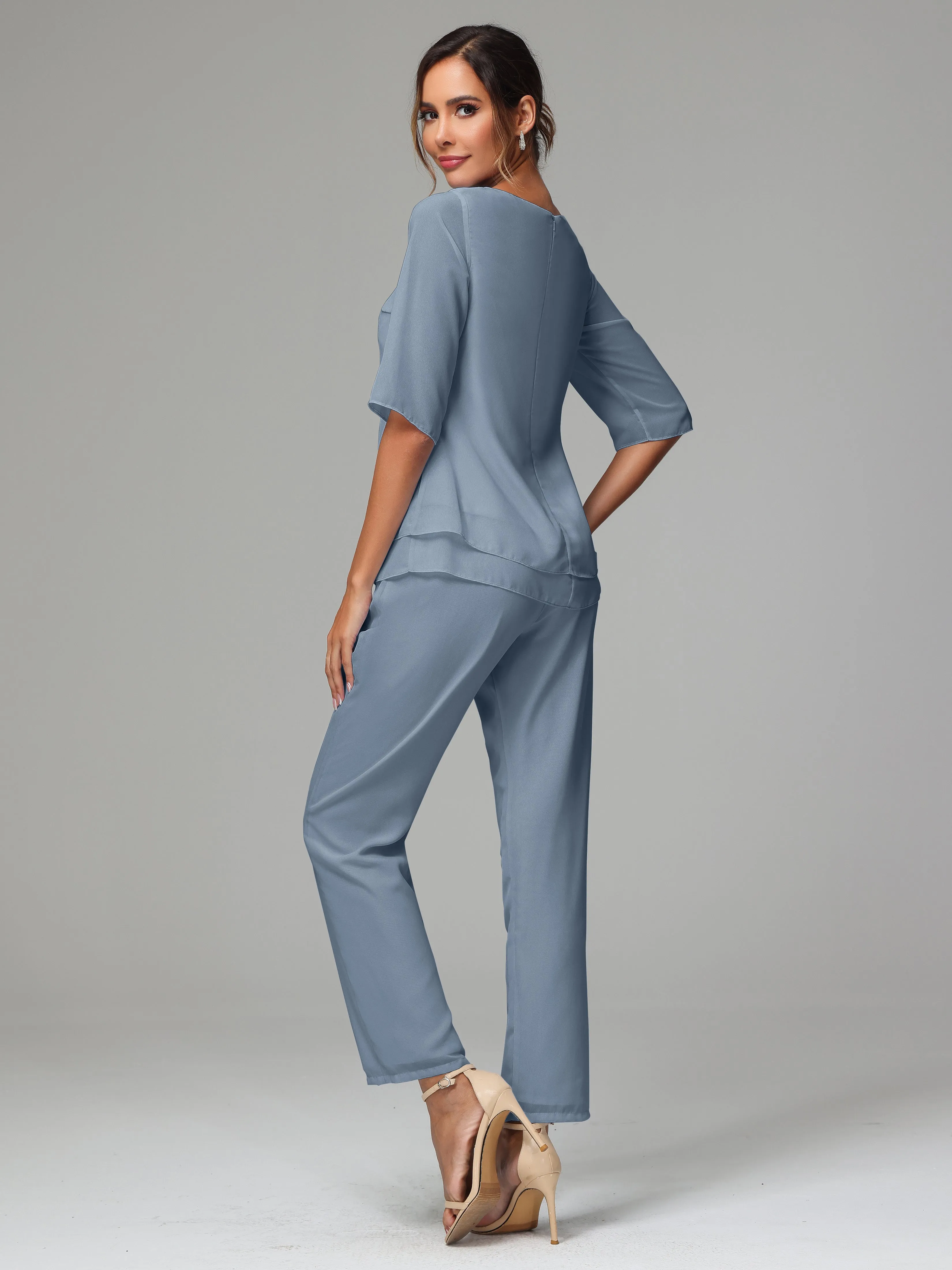 Simple Chiffon Half Sleeves Mother Of The Bride Dress Pants Suits