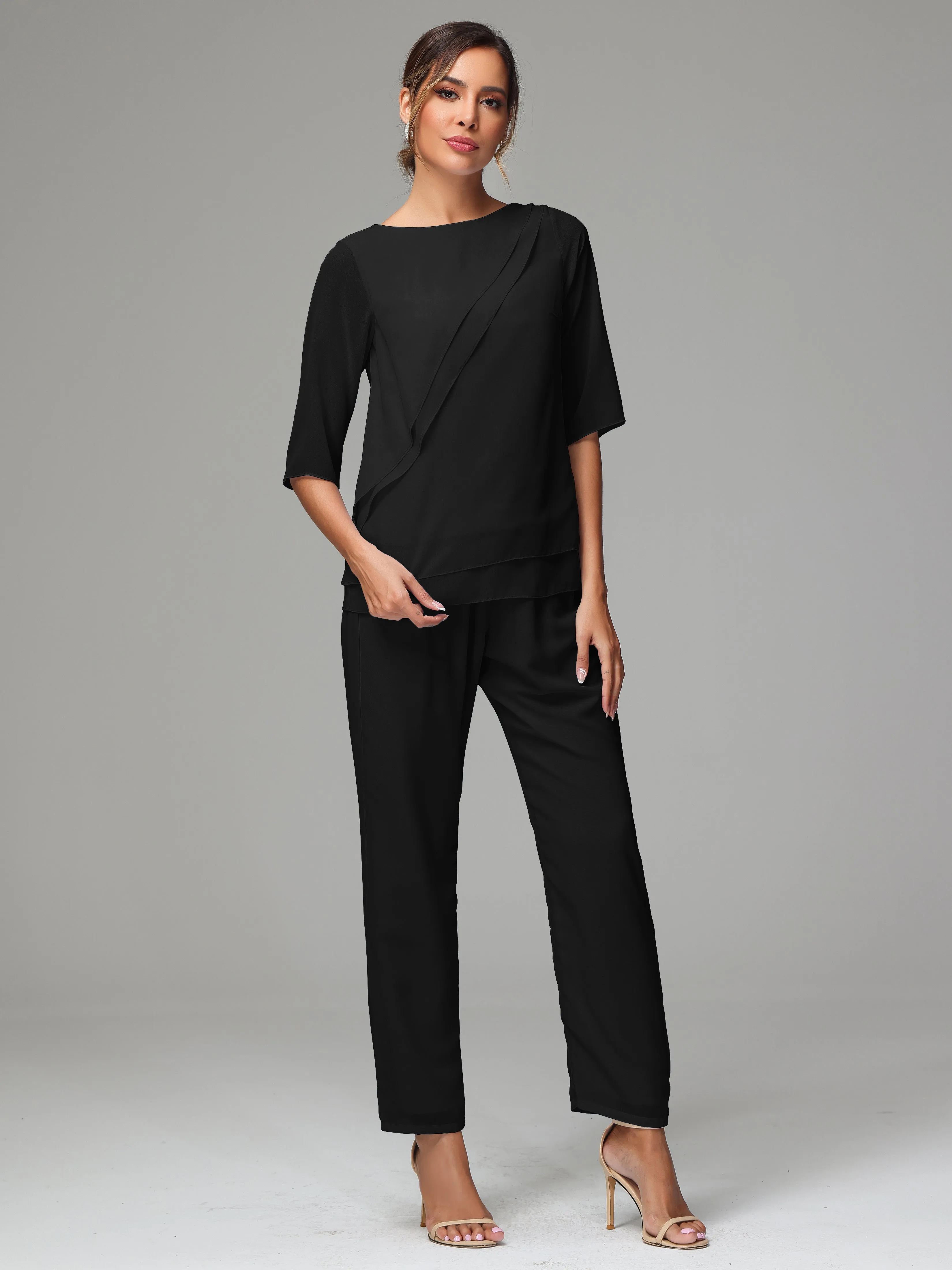 Simple Chiffon Half Sleeves Mother Of The Bride Dress Pants Suits