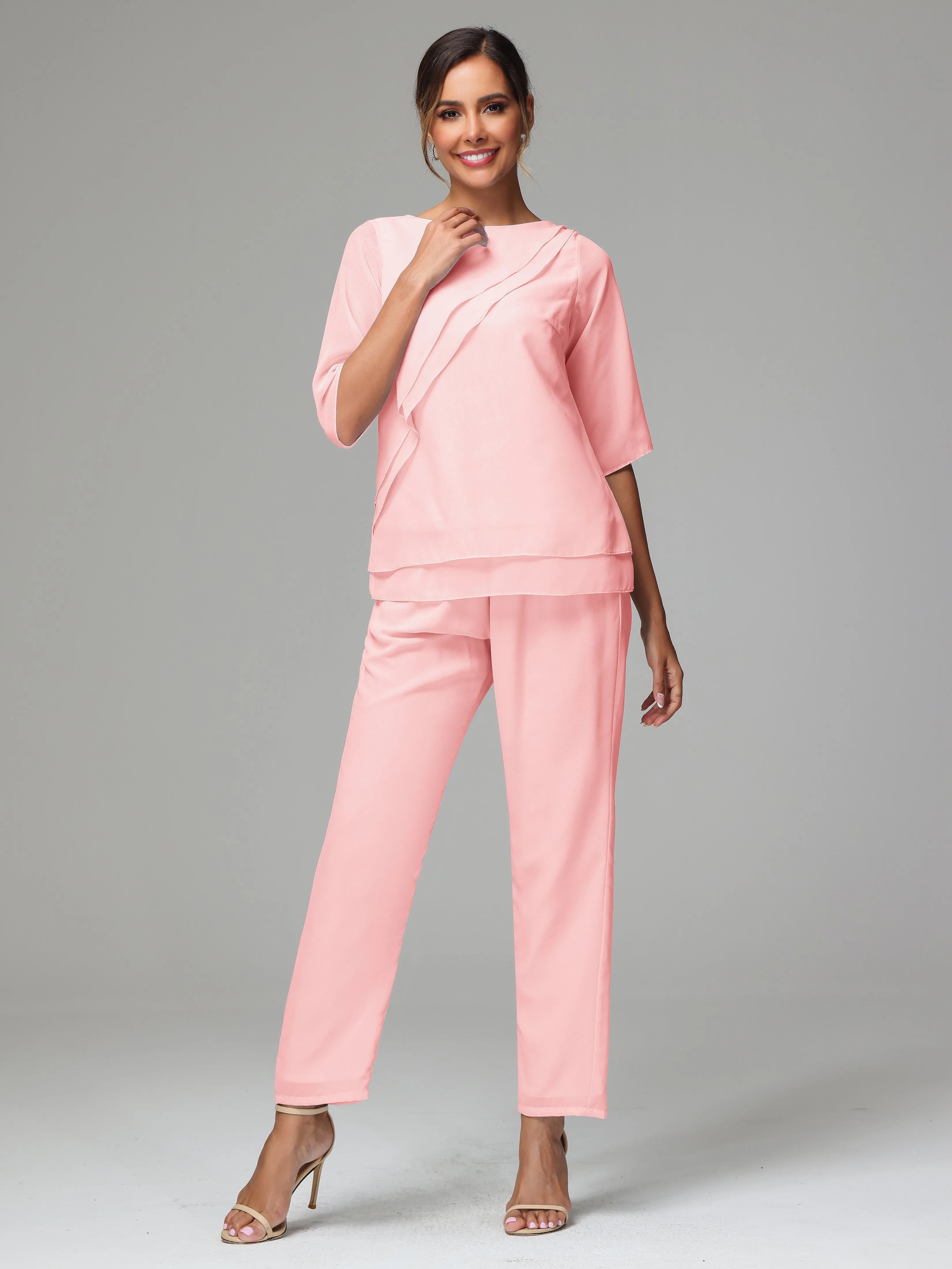 Simple Chiffon Half Sleeves Mother Of The Bride Dress Pants Suits