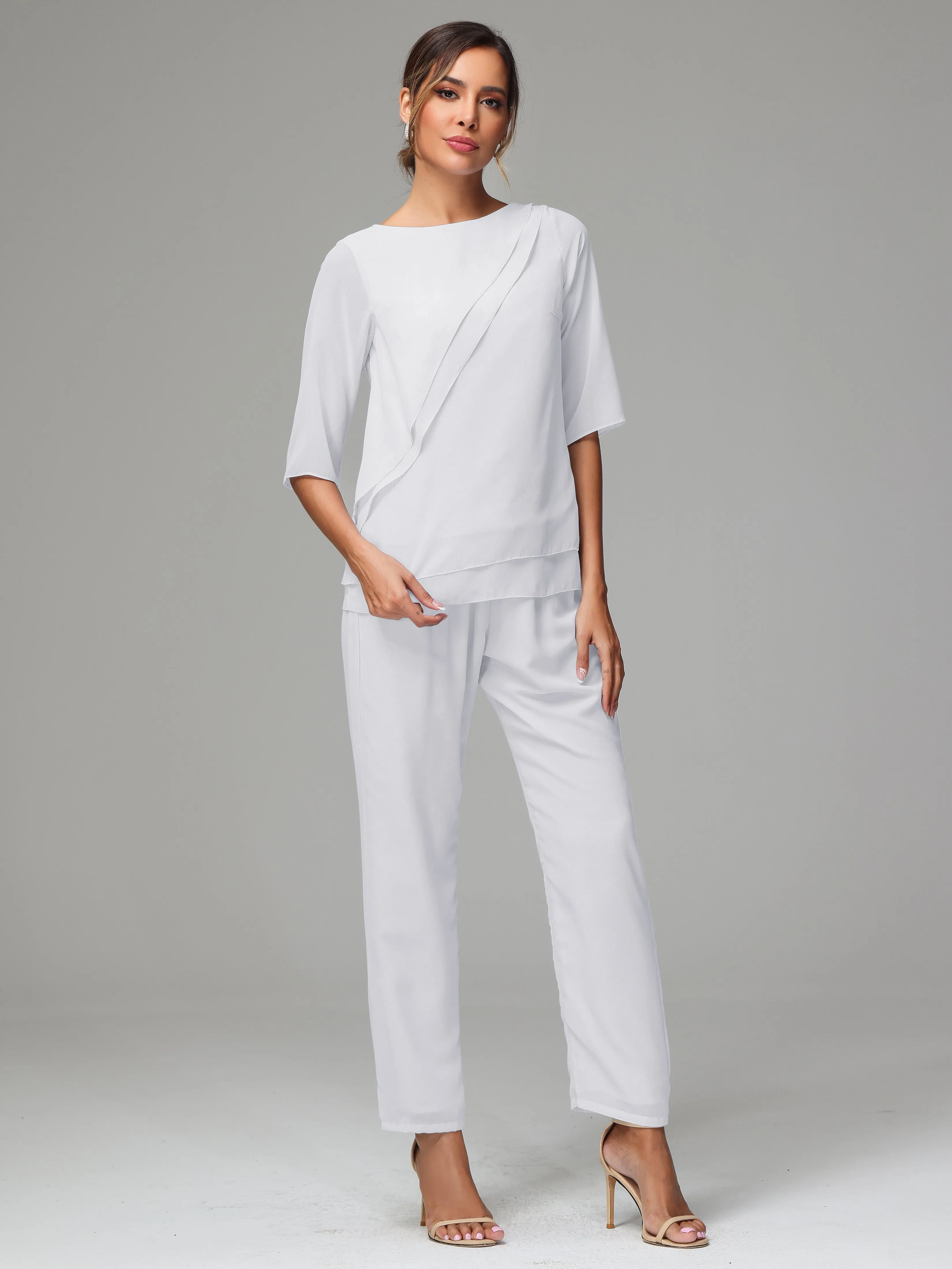 Simple Chiffon Half Sleeves Mother Of The Bride Dress Pants Suits