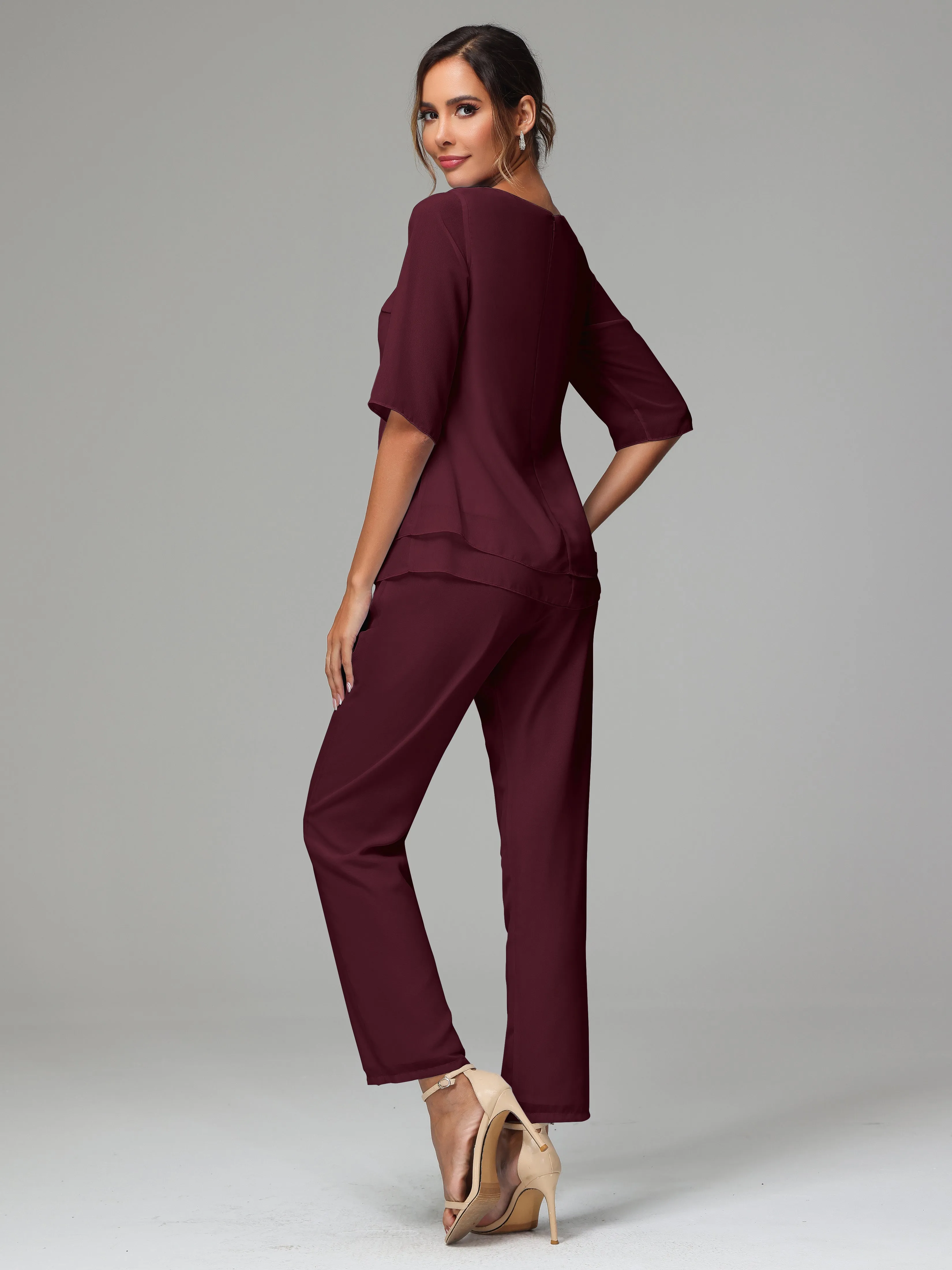 Simple Chiffon Half Sleeves Mother Of The Bride Dress Pants Suits