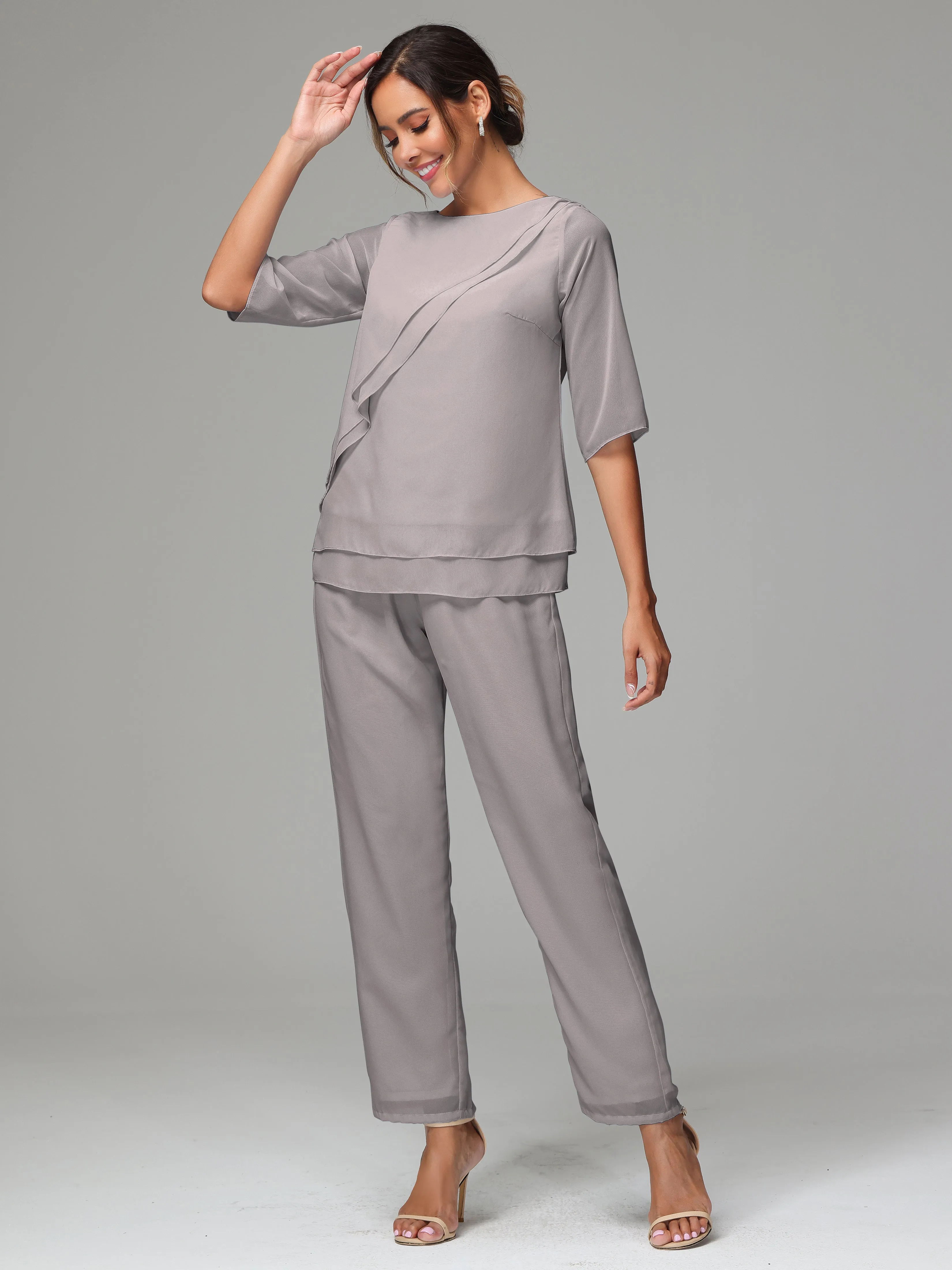 Simple Chiffon Half Sleeves Mother Of The Bride Dress Pants Suits