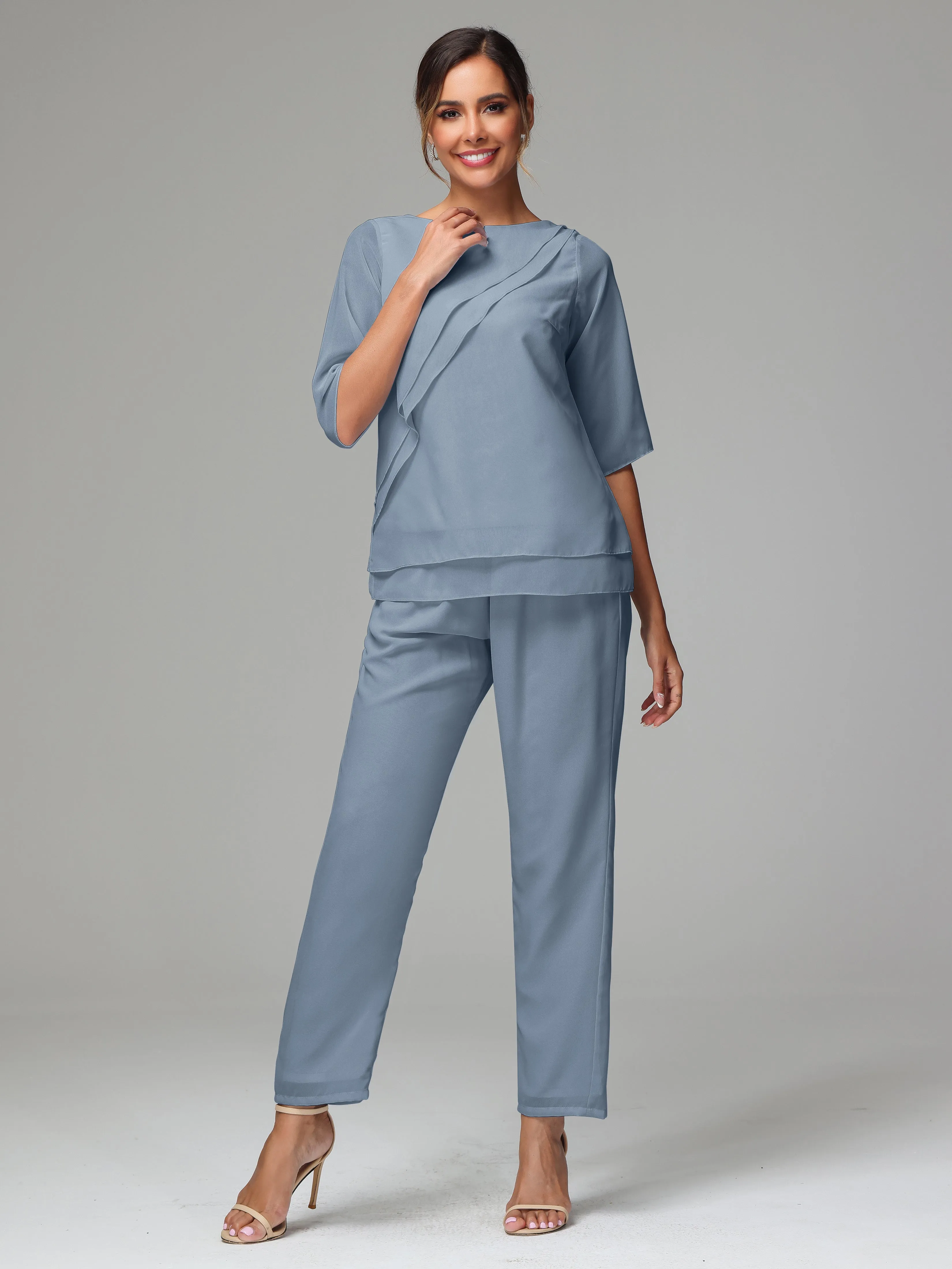 Simple Chiffon Half Sleeves Mother Of The Bride Dress Pants Suits