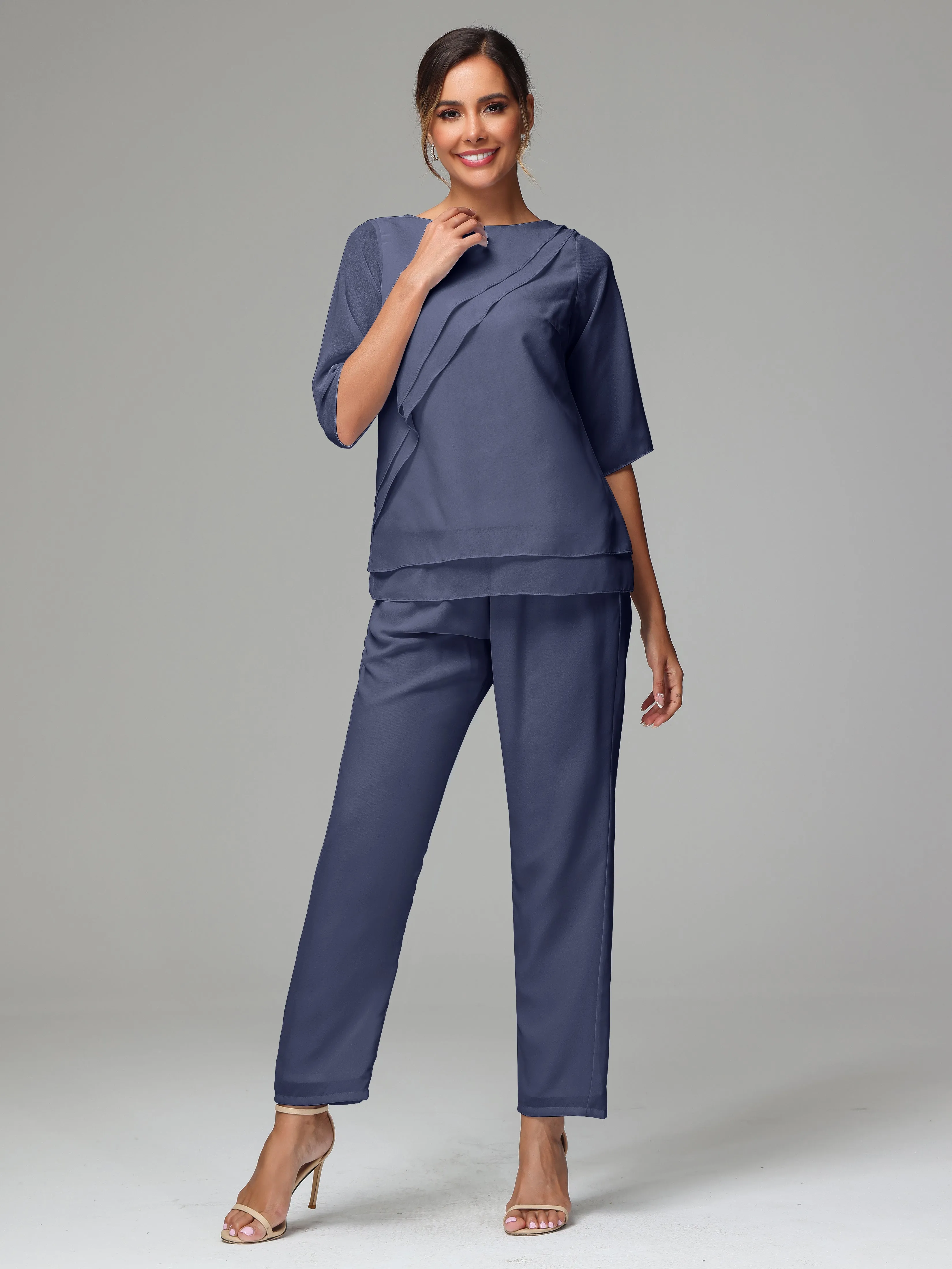 Simple Chiffon Half Sleeves Mother Of The Bride Dress Pants Suits