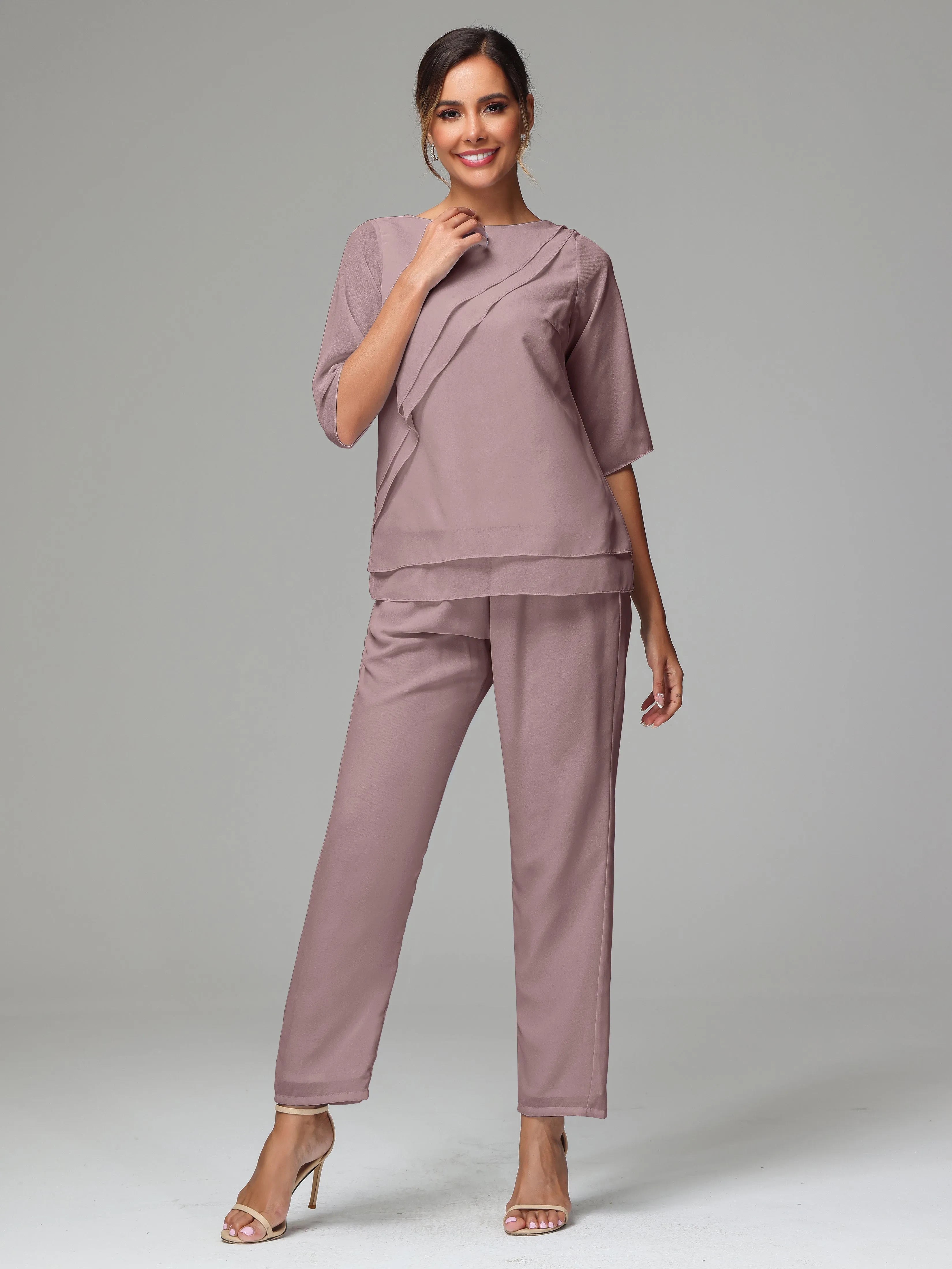 Simple Chiffon Half Sleeves Mother Of The Bride Dress Pants Suits