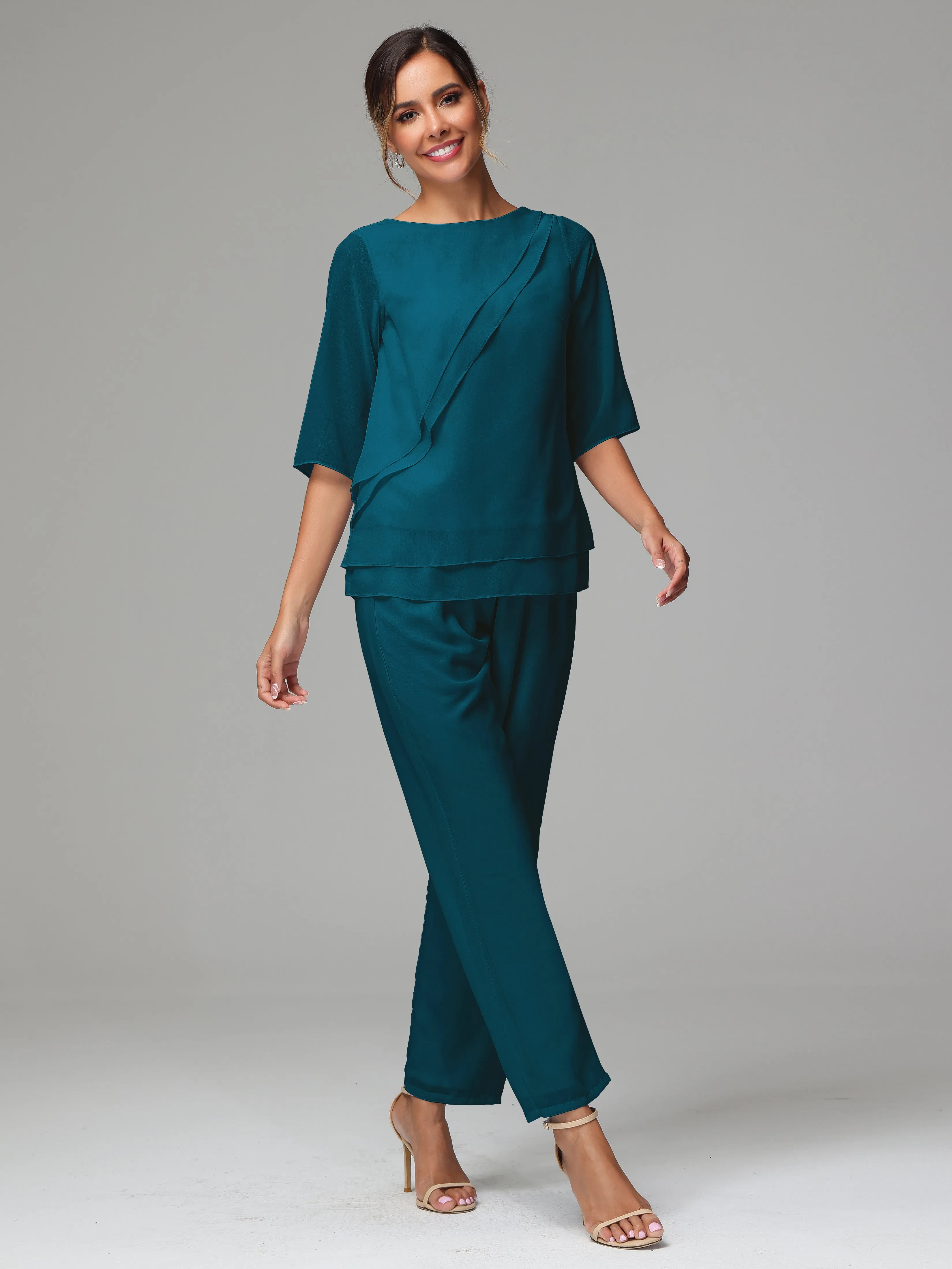 Simple Chiffon Half Sleeves Mother Of The Bride Dress Pants Suits