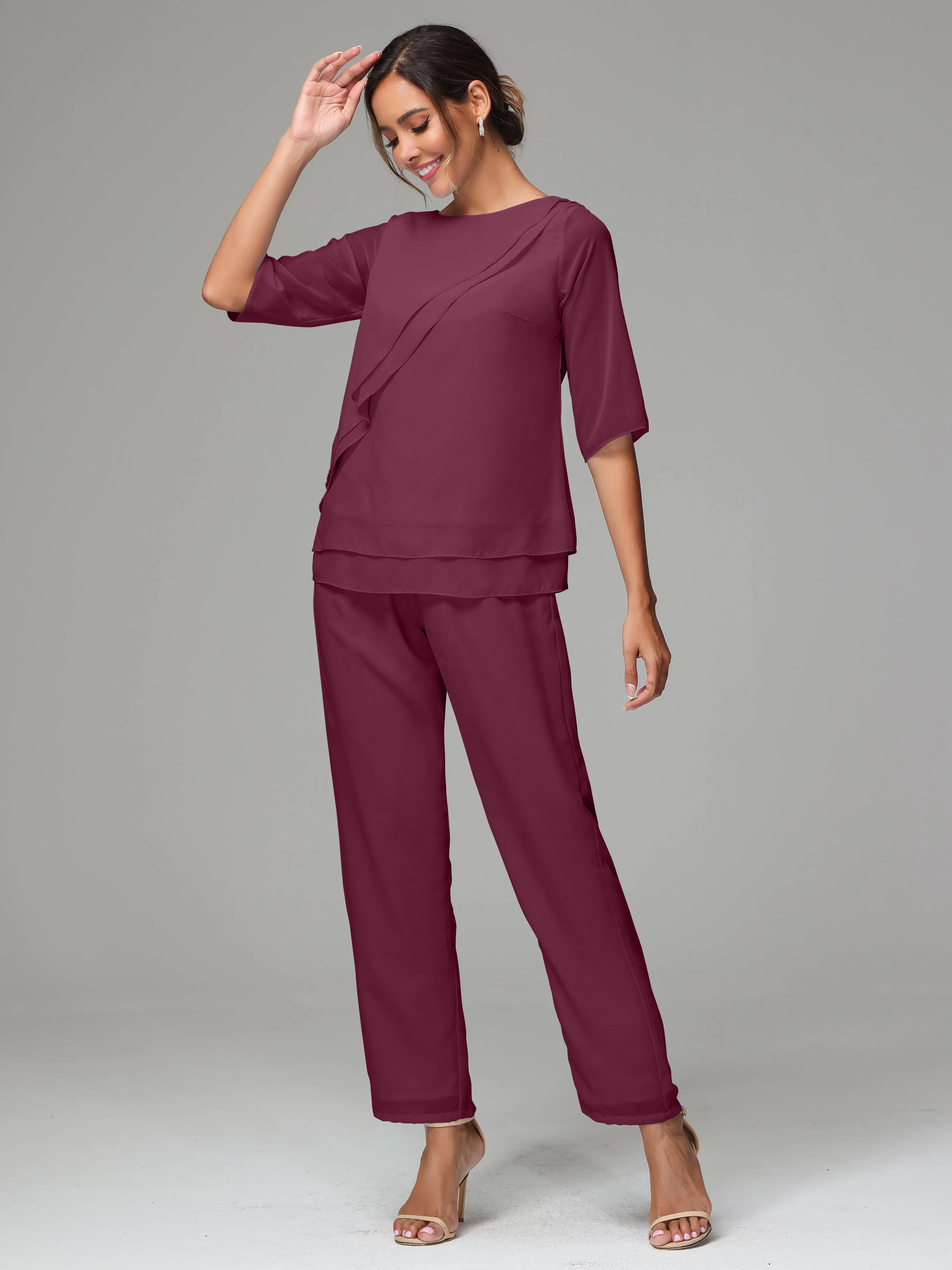 Simple Chiffon Half Sleeves Mother Of The Bride Dress Pants Suits