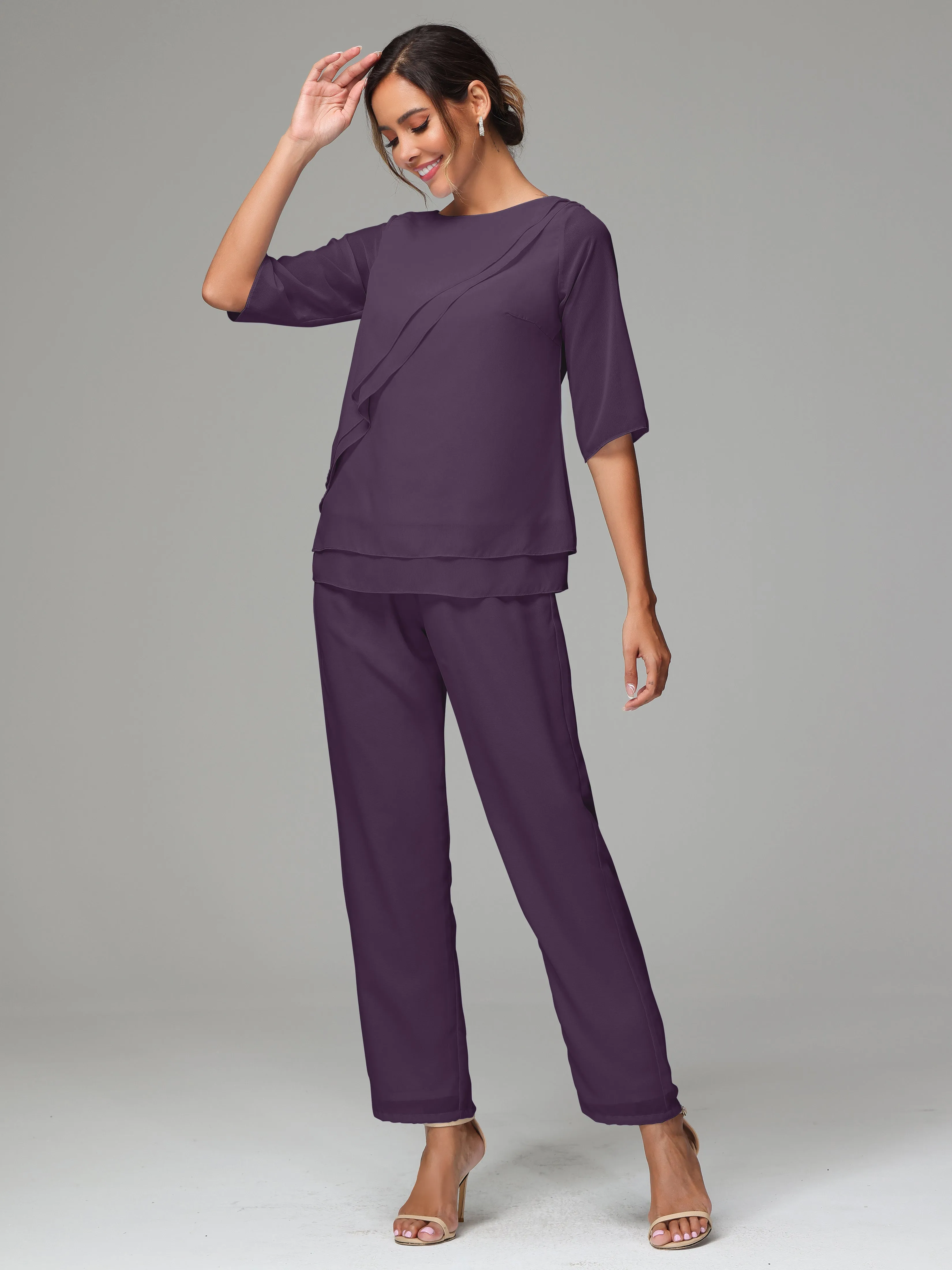 Simple Chiffon Half Sleeves Mother Of The Bride Dress Pants Suits