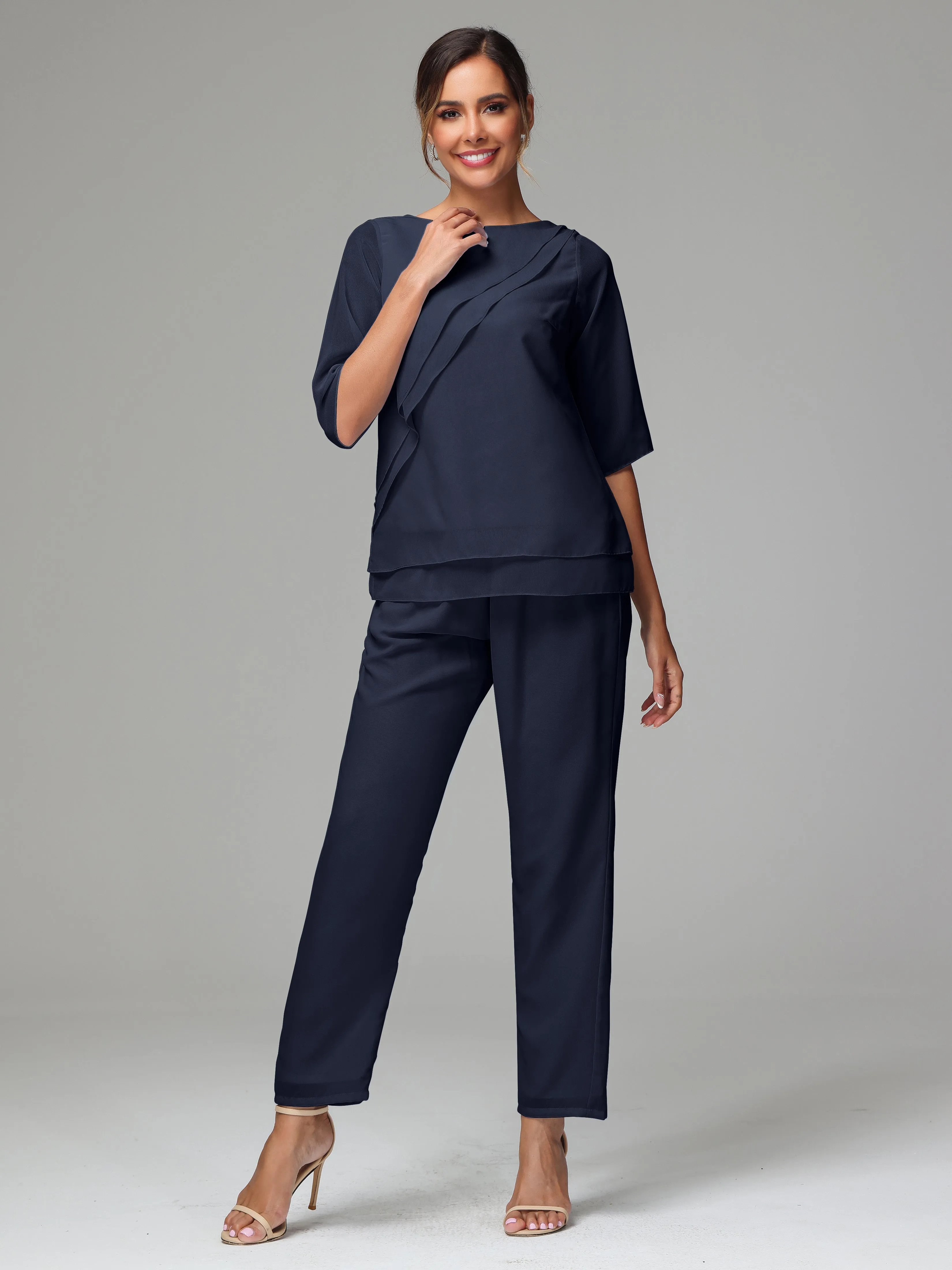 Simple Chiffon Half Sleeves Mother Of The Bride Dress Pants Suits