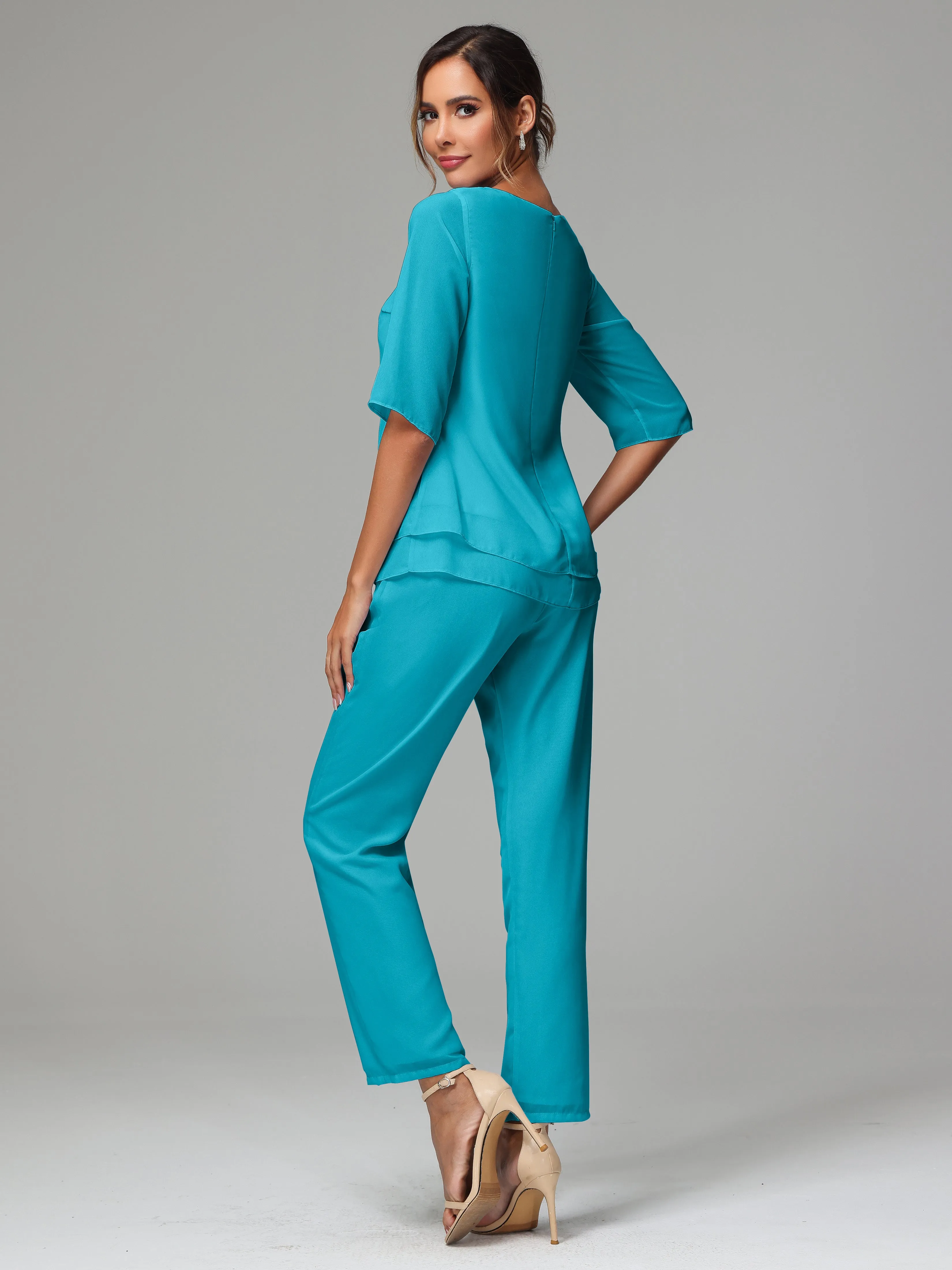Simple Chiffon Half Sleeves Mother Of The Bride Dress Pants Suits