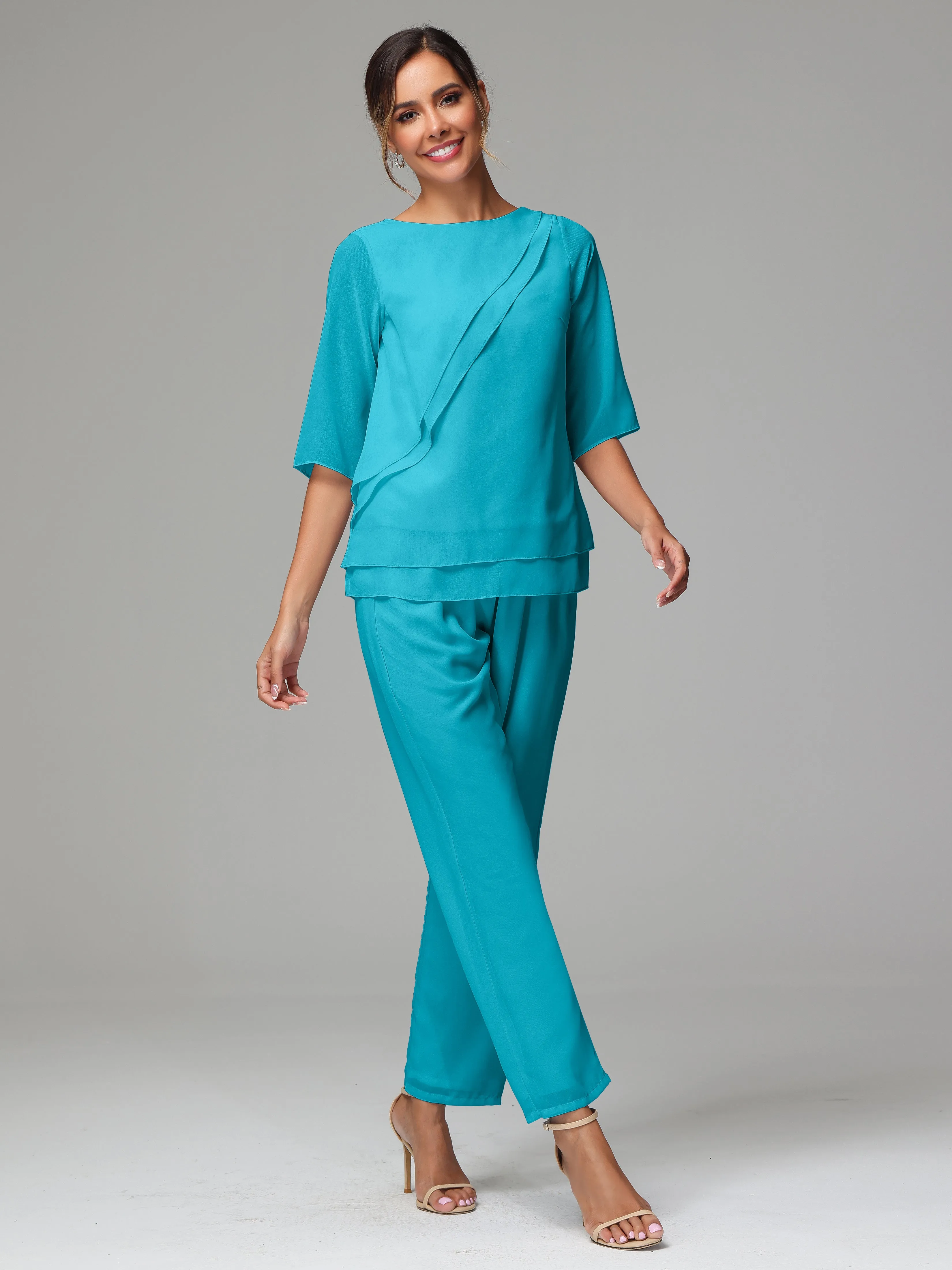 Simple Chiffon Half Sleeves Mother Of The Bride Dress Pants Suits