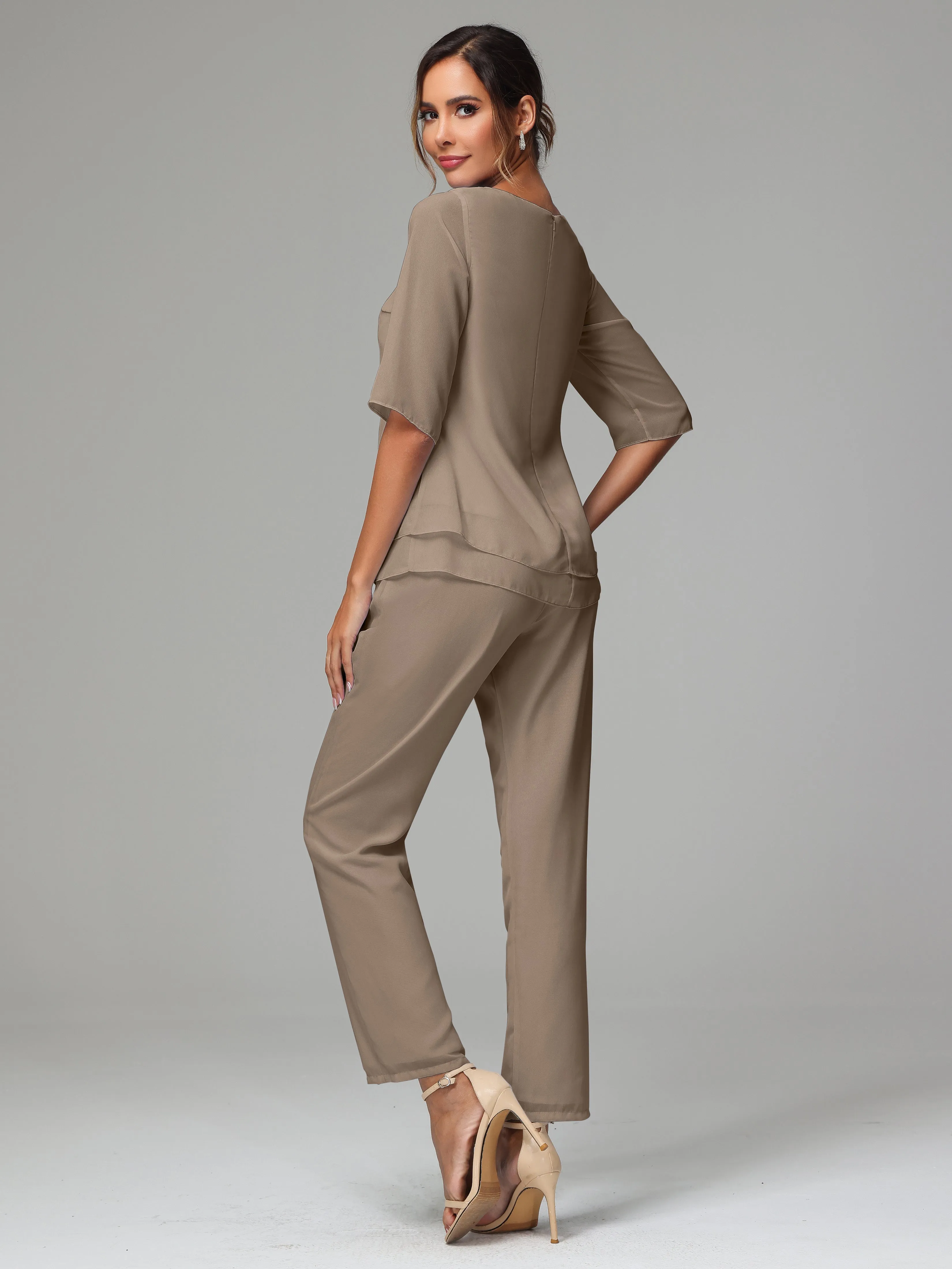 Simple Chiffon Half Sleeves Mother Of The Bride Dress Pants Suits
