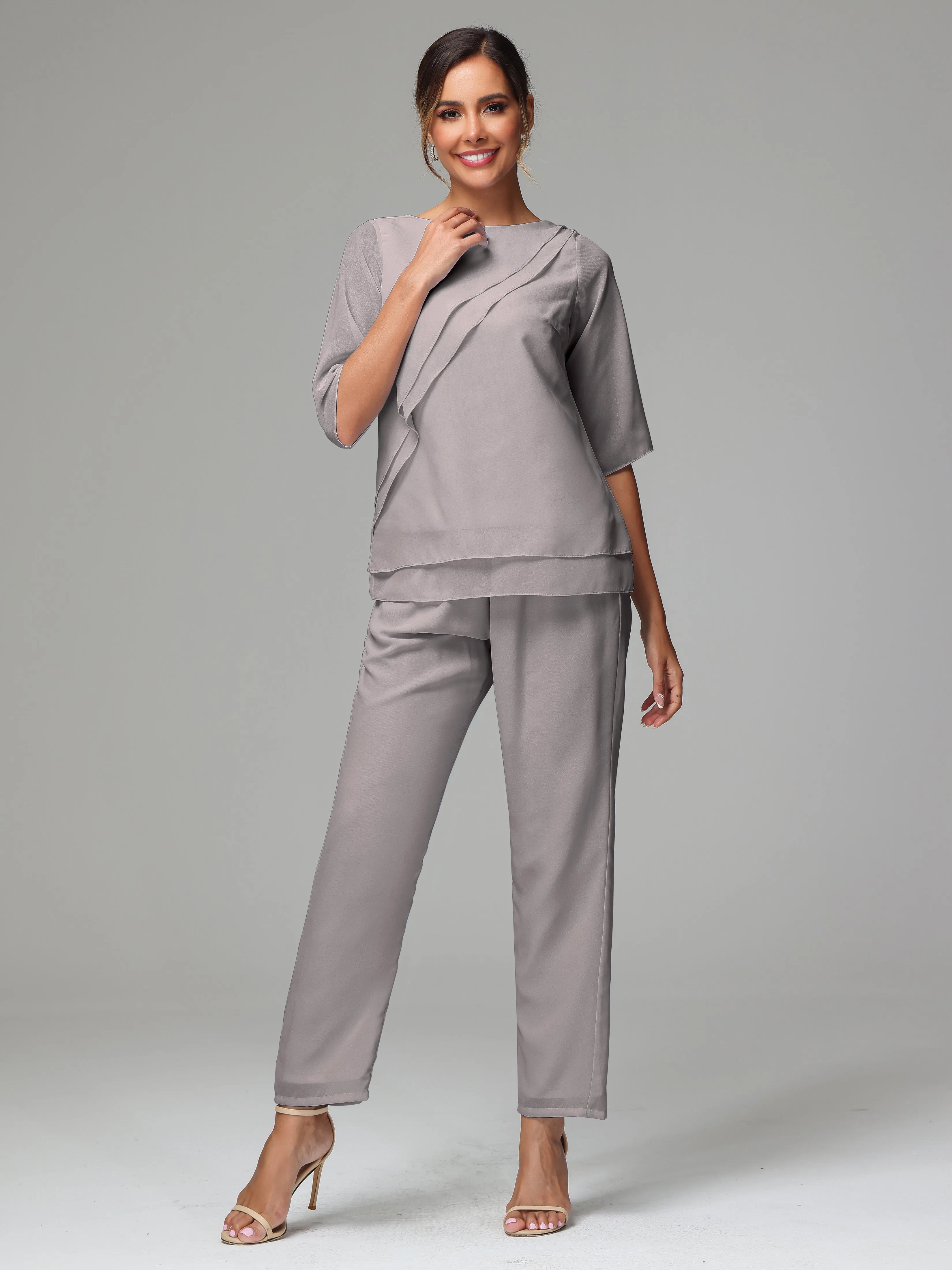 Simple Chiffon Half Sleeves Mother Of The Bride Dress Pants Suits