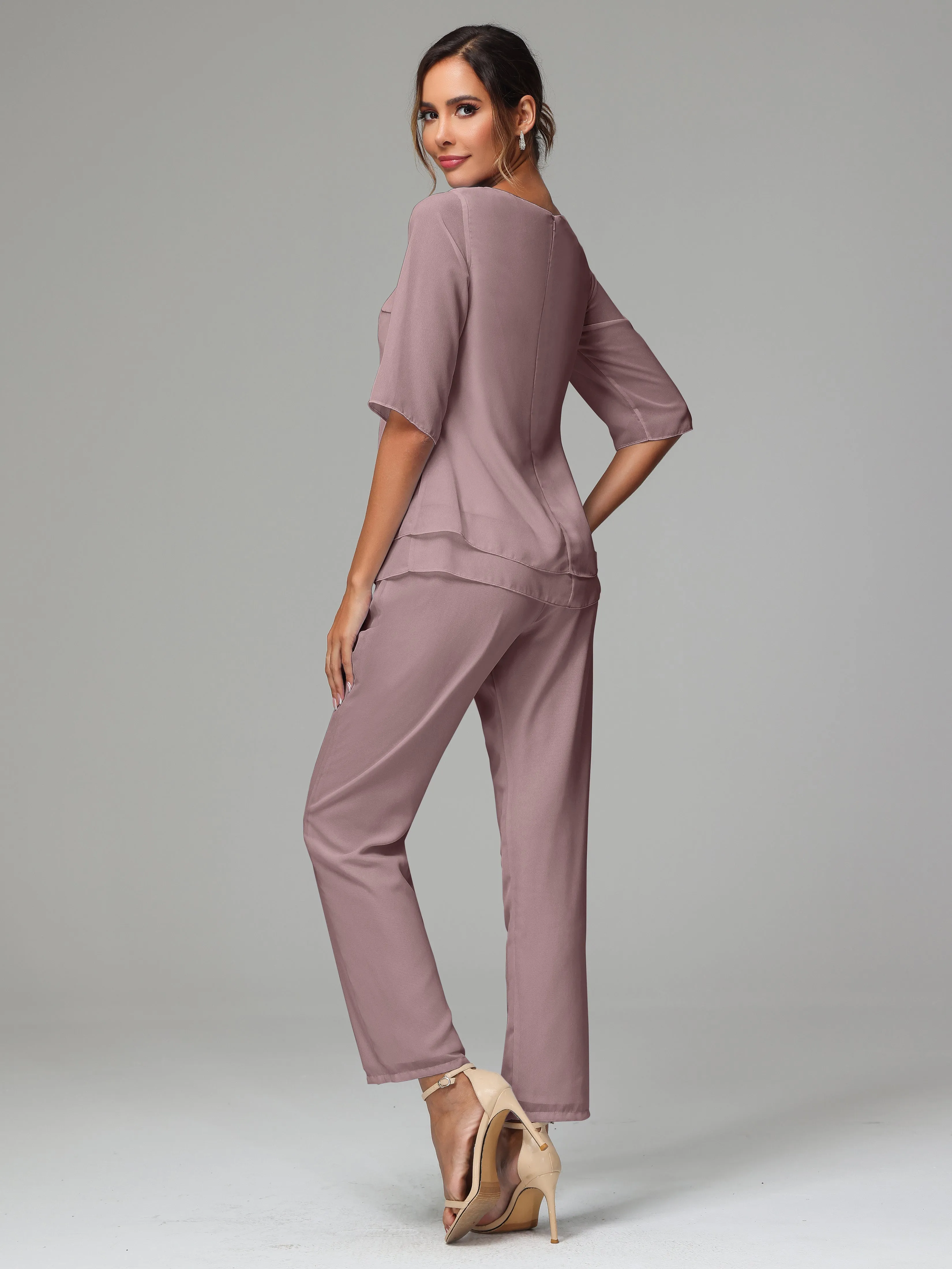 Simple Chiffon Half Sleeves Mother Of The Bride Dress Pants Suits