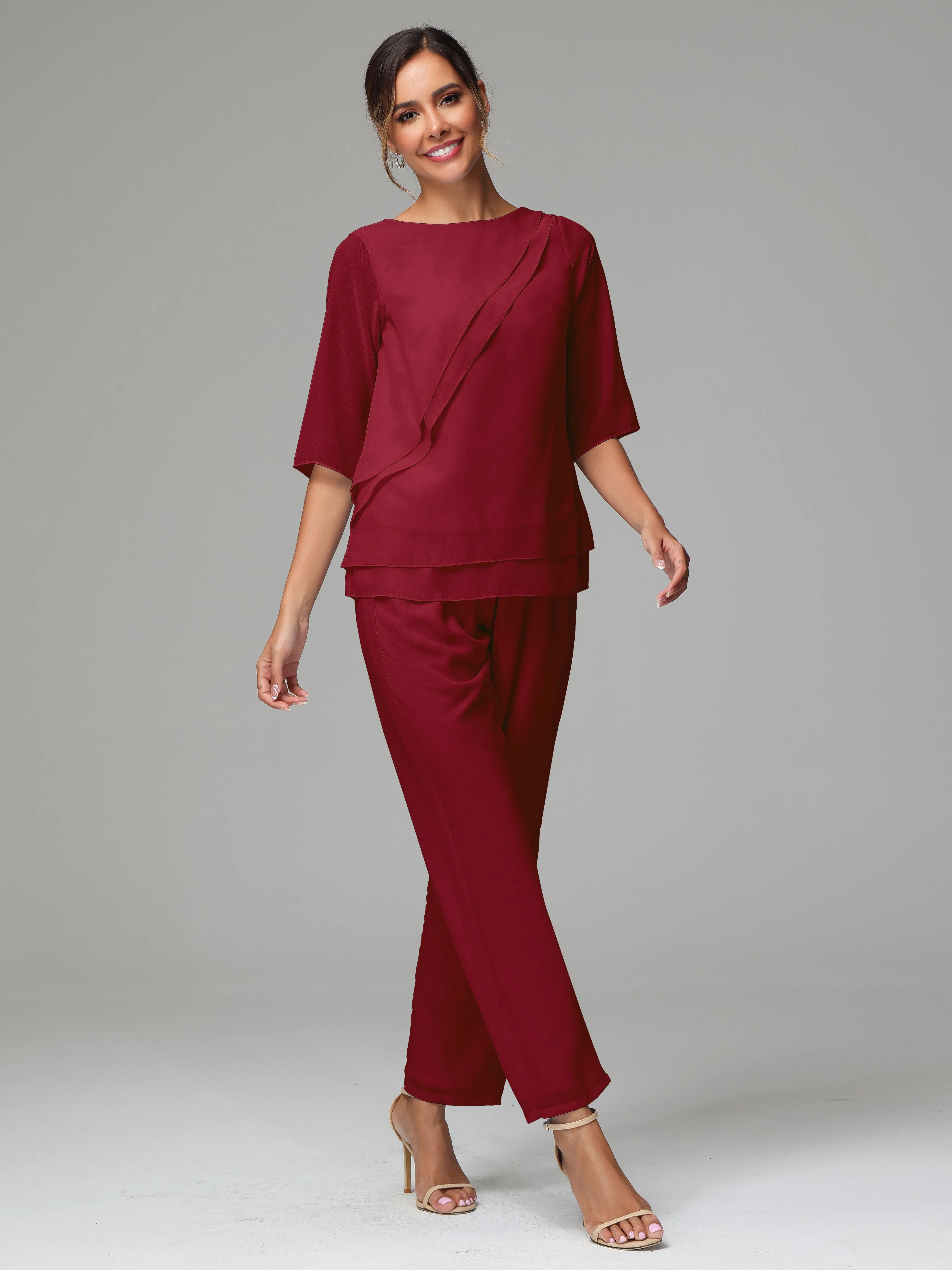 Simple Chiffon Half Sleeves Mother Of The Bride Dress Pants Suits