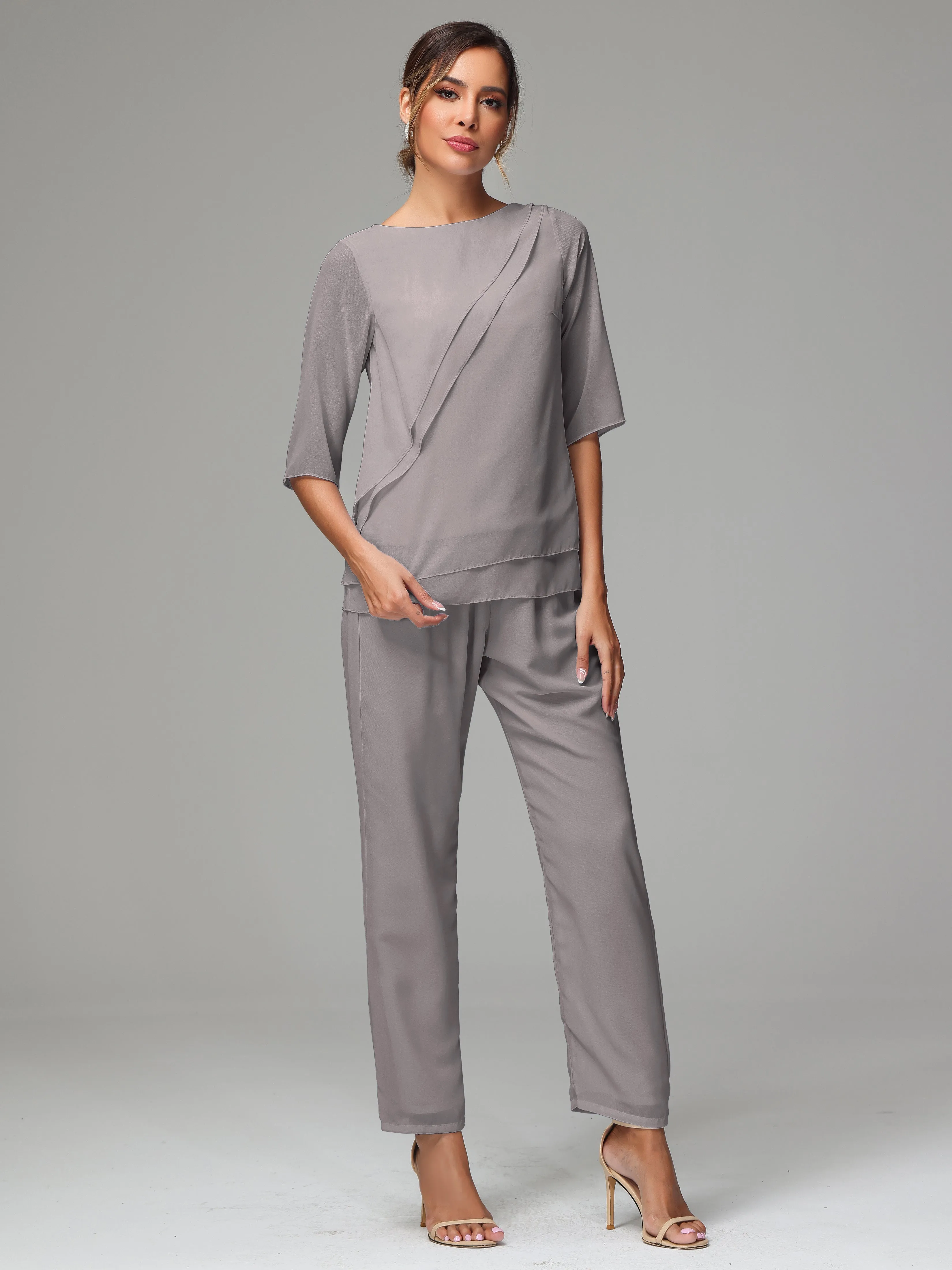 Simple Chiffon Half Sleeves Mother Of The Bride Dress Pants Suits
