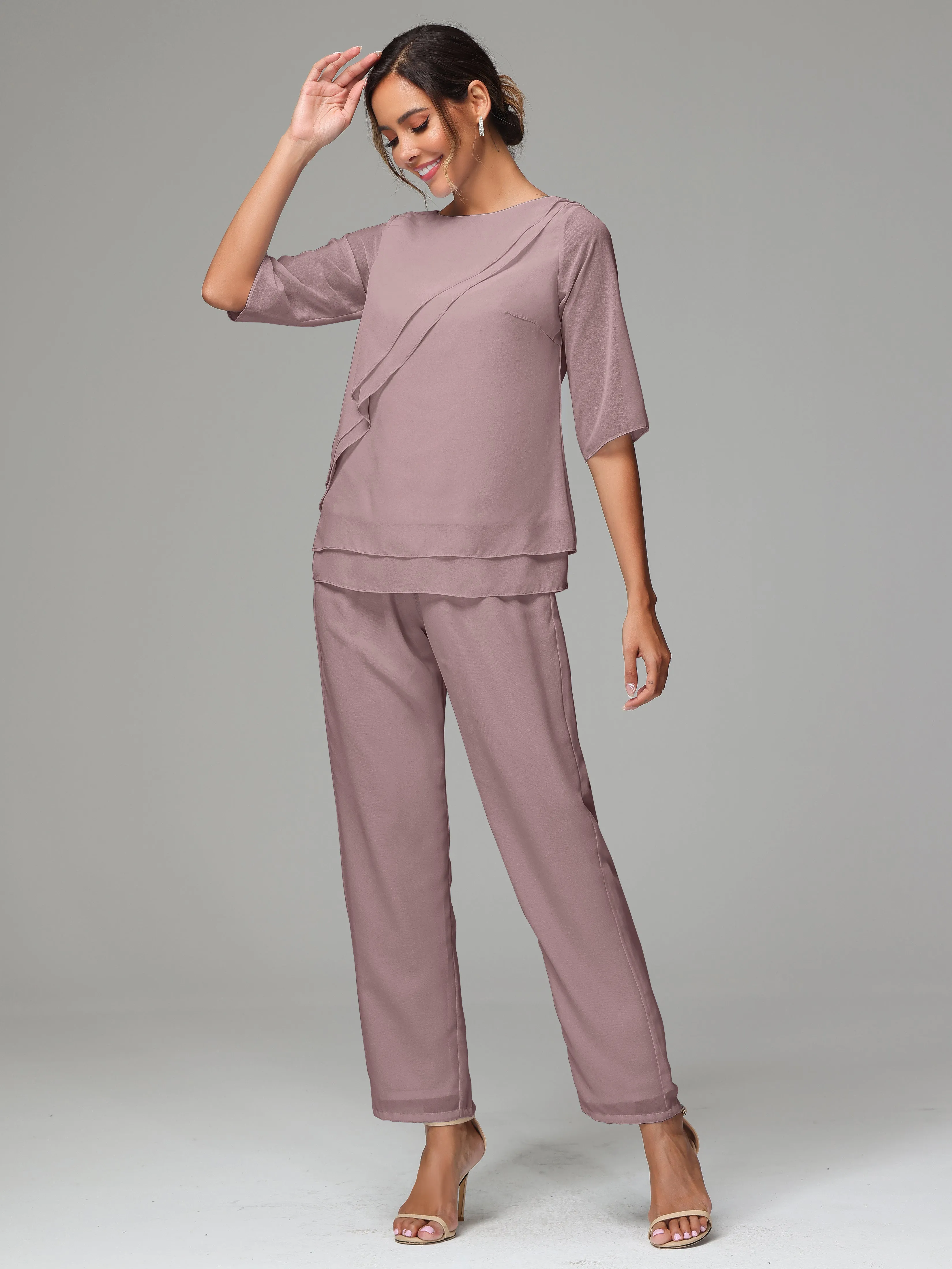Simple Chiffon Half Sleeves Mother Of The Bride Dress Pants Suits
