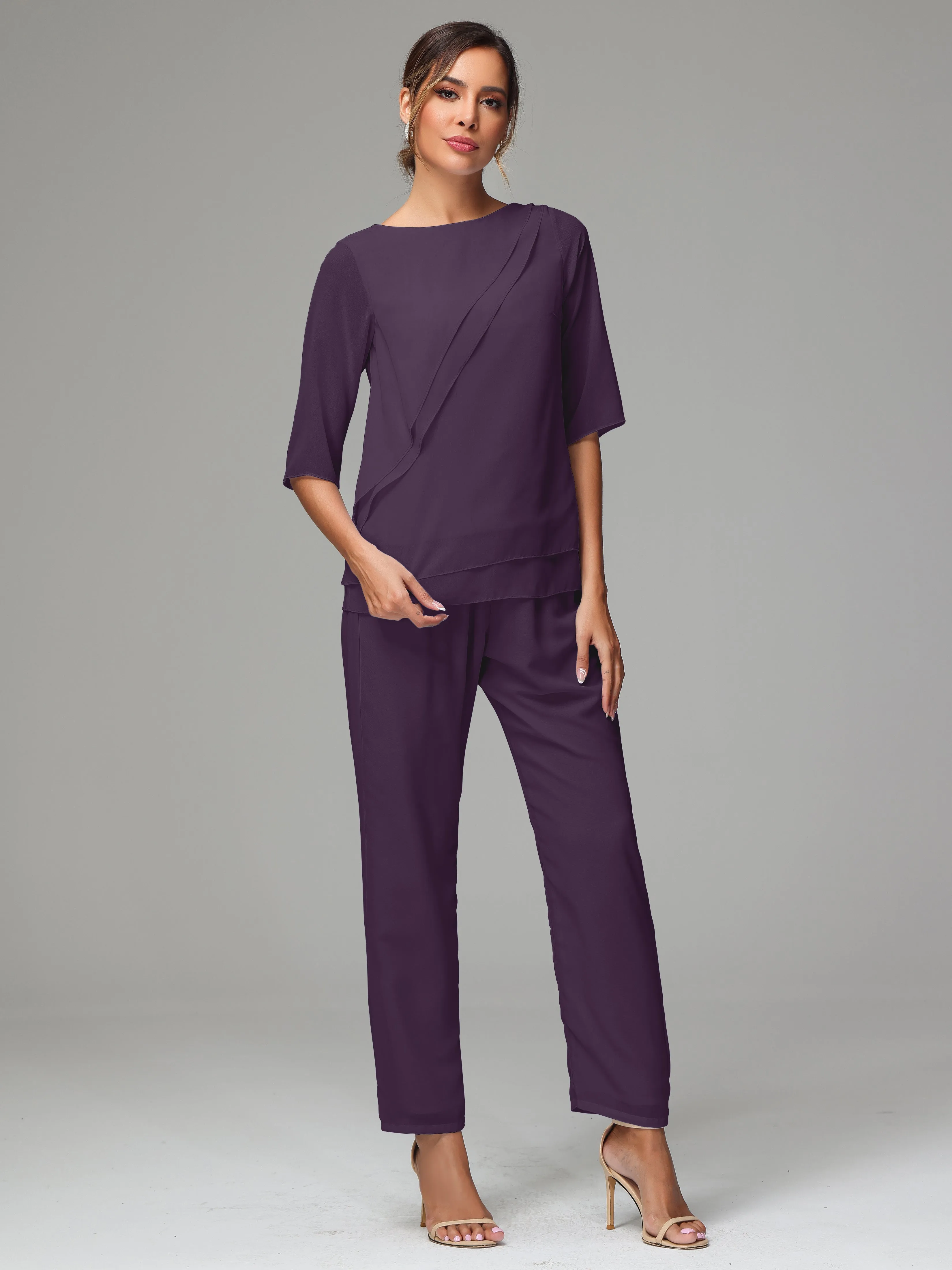 Simple Chiffon Half Sleeves Mother Of The Bride Dress Pants Suits