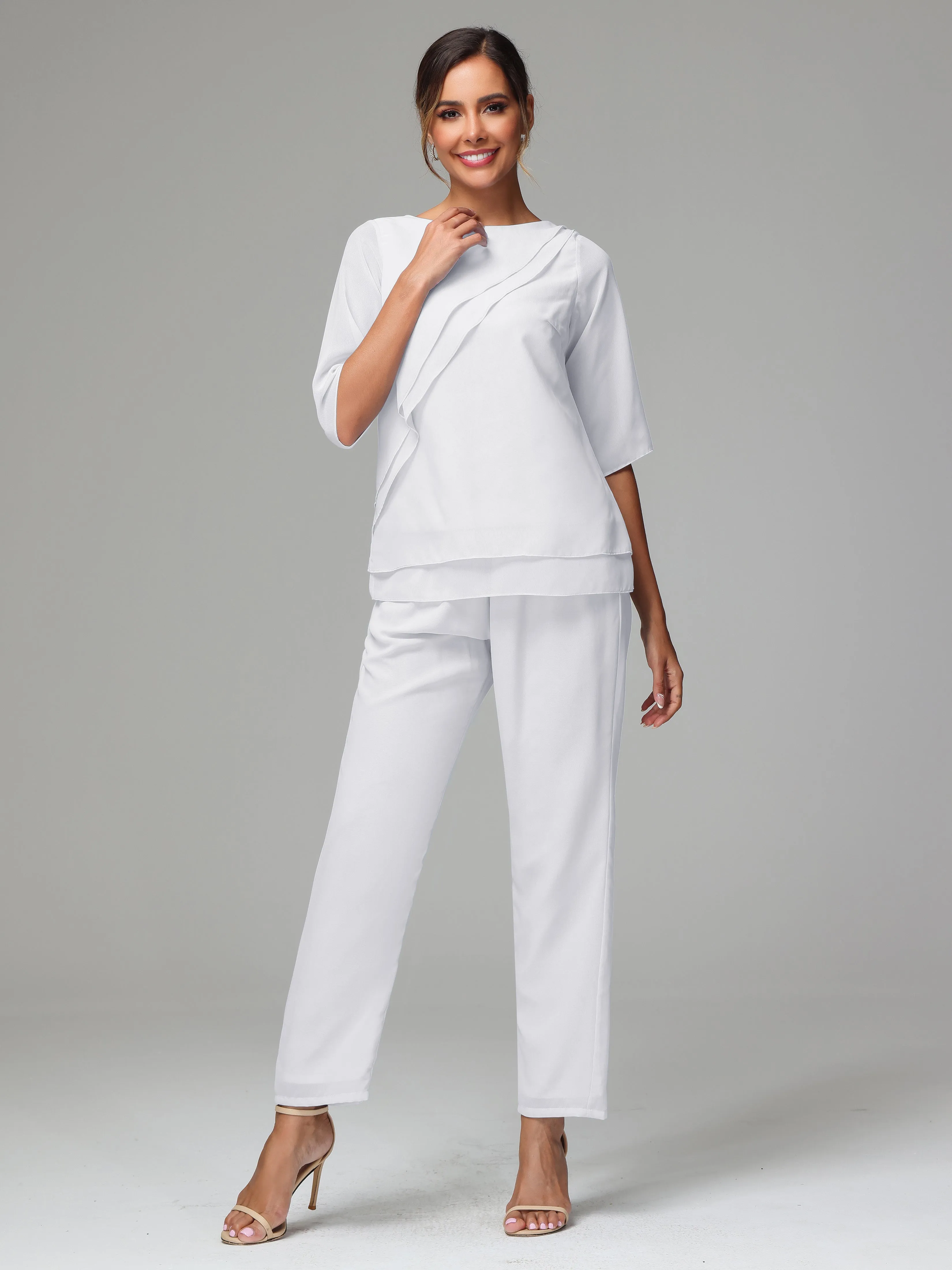 Simple Chiffon Half Sleeves Mother Of The Bride Dress Pants Suits