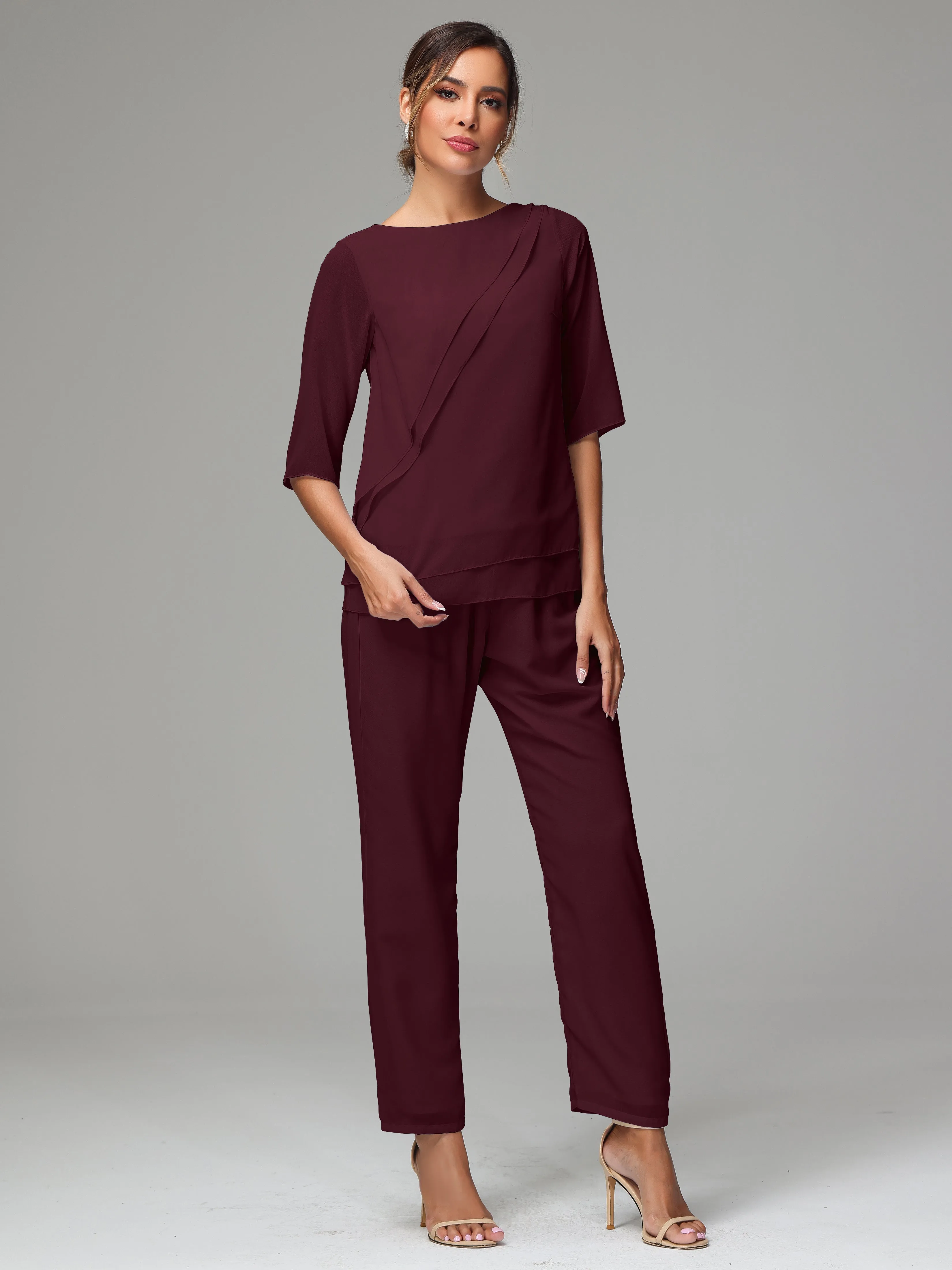 Simple Chiffon Half Sleeves Mother Of The Bride Dress Pants Suits