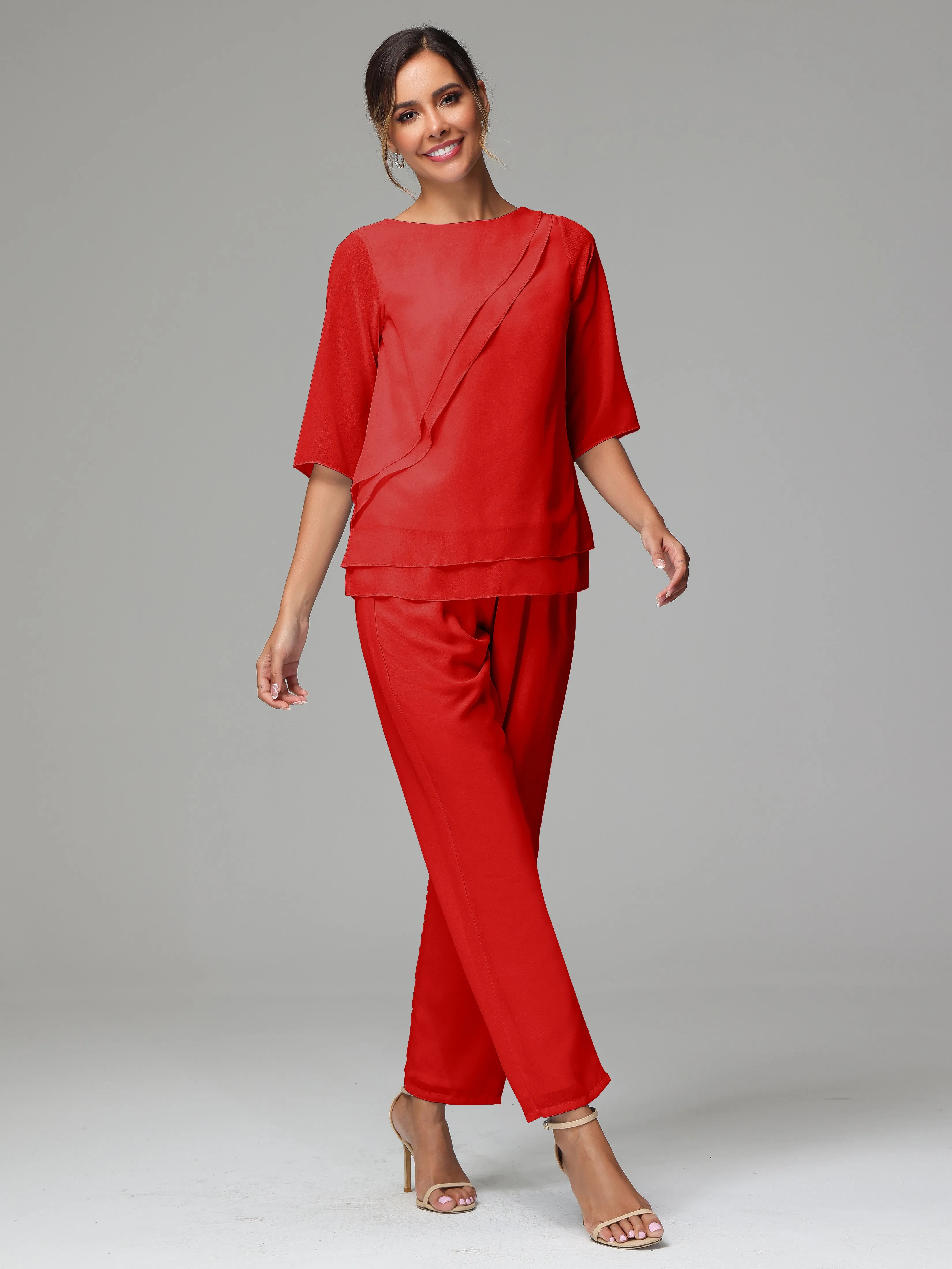 Simple Chiffon Half Sleeves Mother Of The Bride Dress Pants Suits