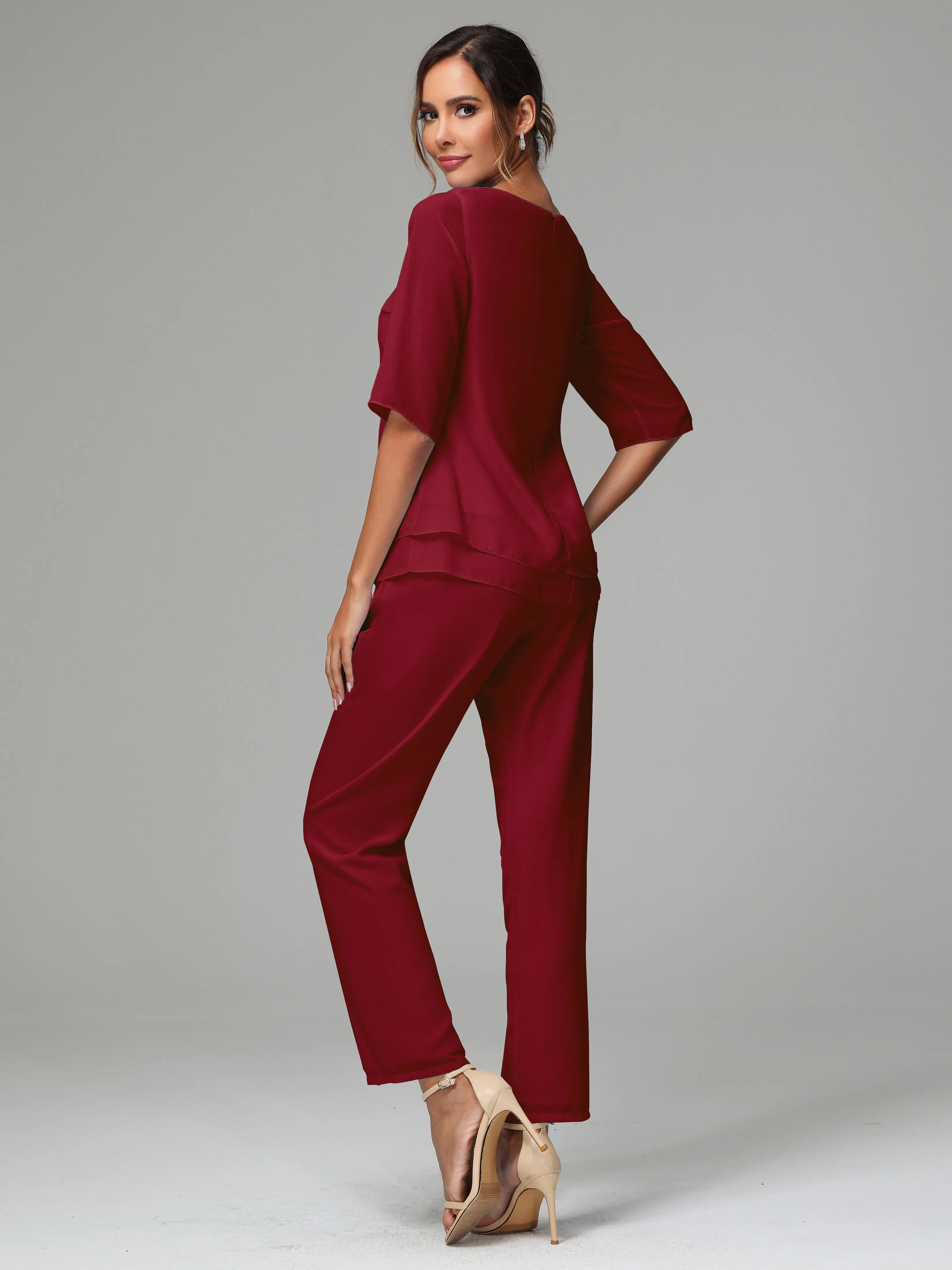 Simple Chiffon Half Sleeves Mother Of The Bride Dress Pants Suits