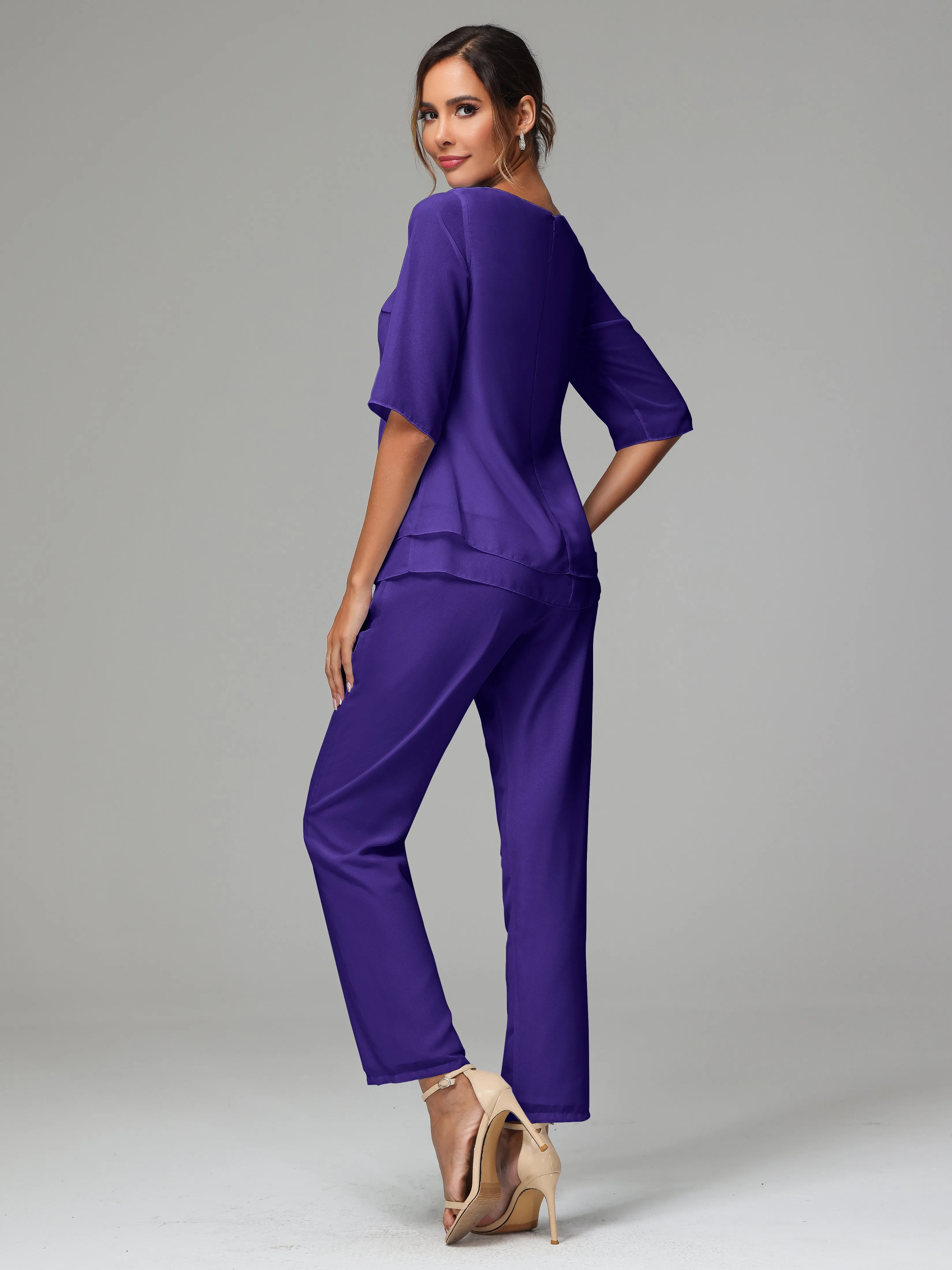 Simple Chiffon Half Sleeves Mother Of The Bride Dress Pants Suits