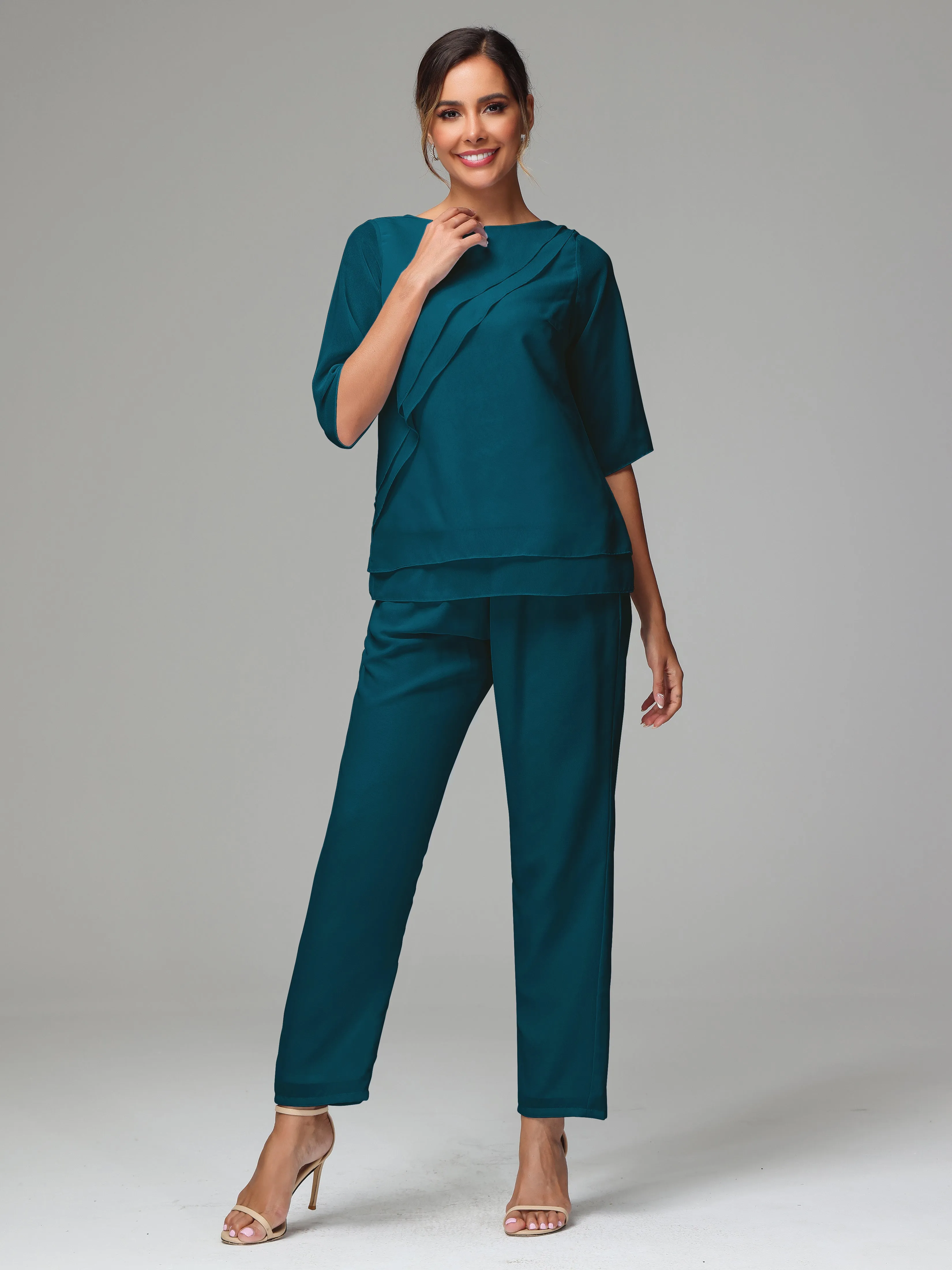 Simple Chiffon Half Sleeves Mother Of The Bride Dress Pants Suits