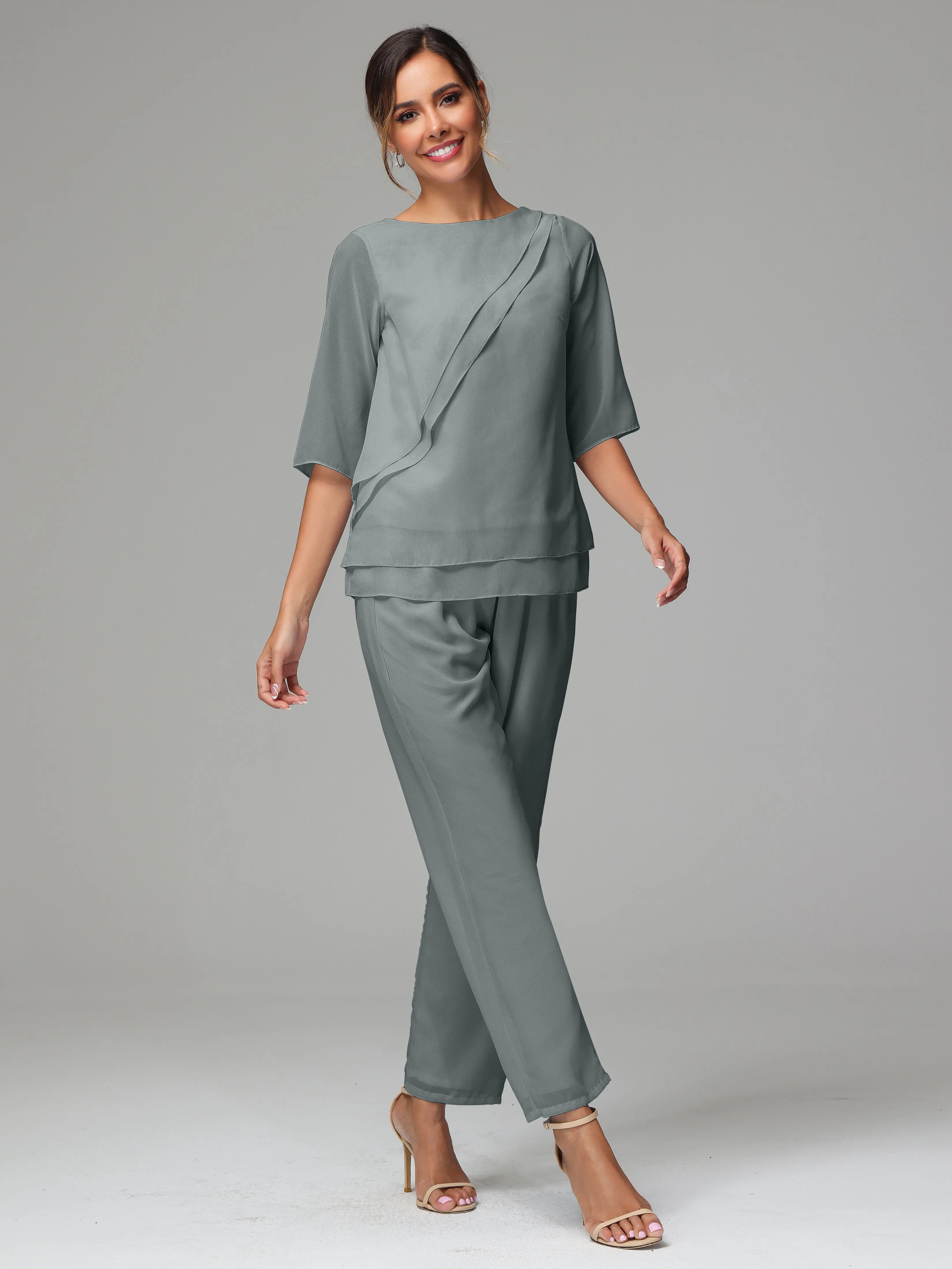 Simple Chiffon Half Sleeves Mother Of The Bride Dress Pants Suits