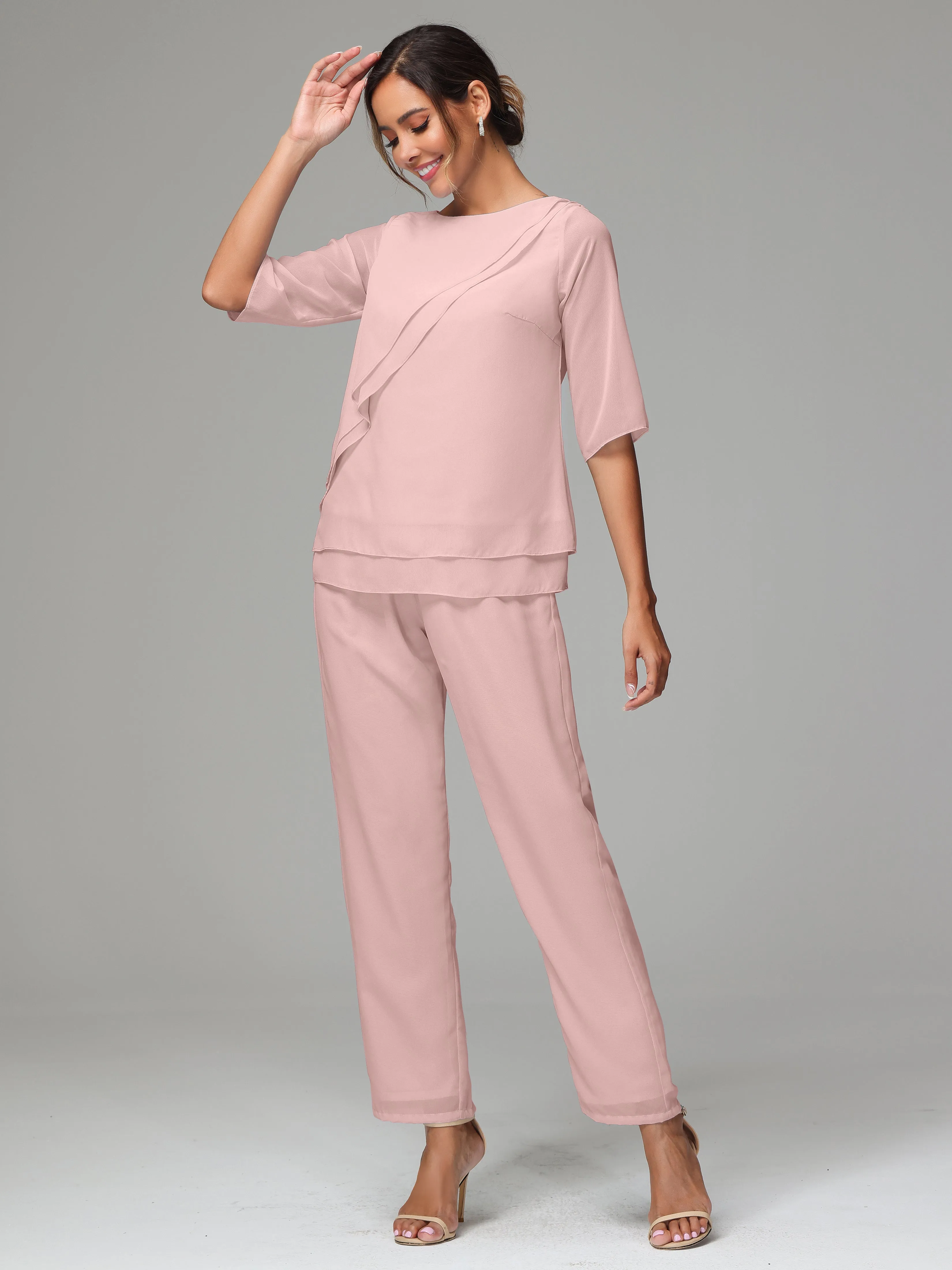 Simple Chiffon Half Sleeves Mother Of The Bride Dress Pants Suits