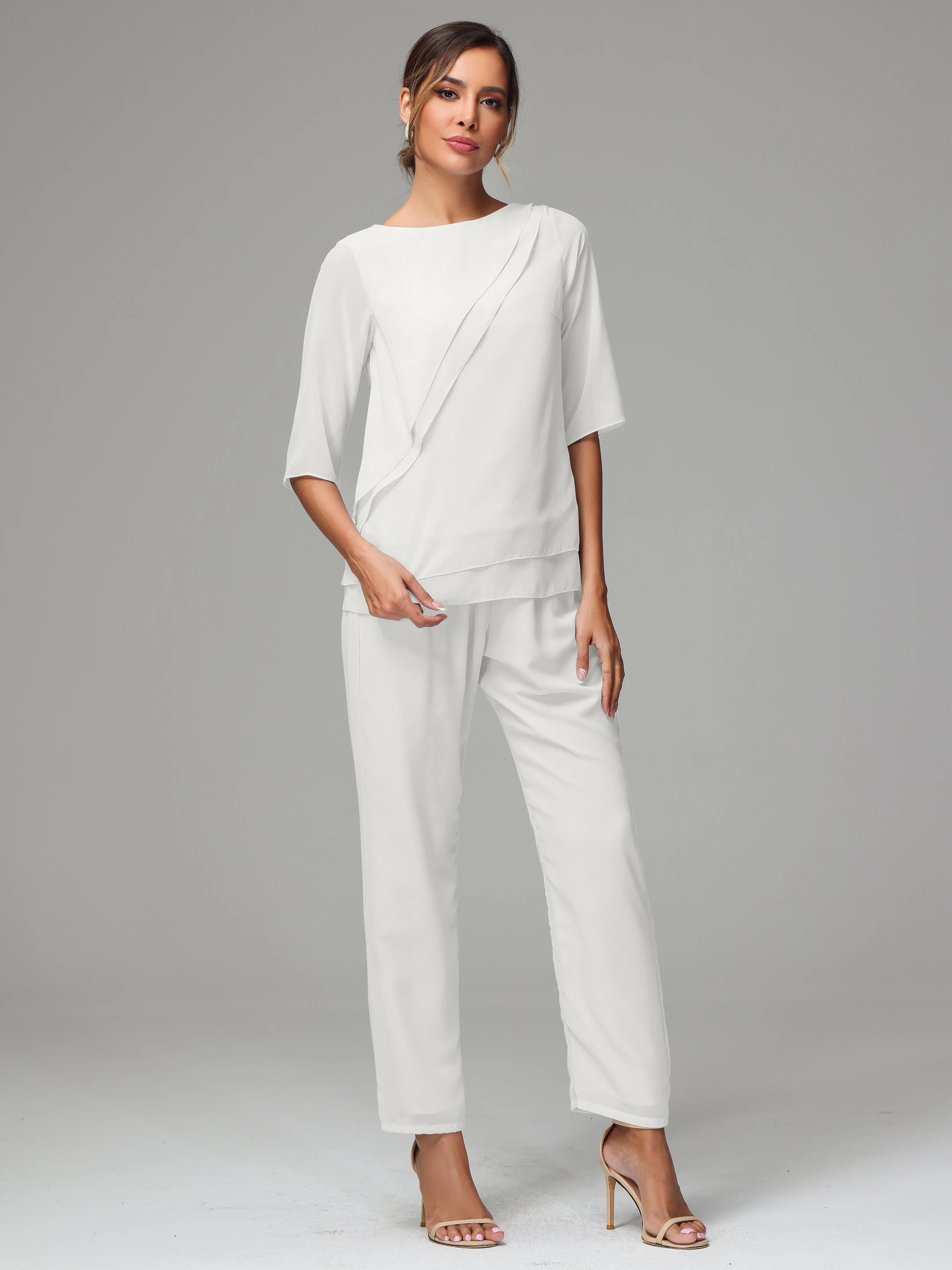 Simple Chiffon Half Sleeves Mother Of The Bride Dress Pants Suits