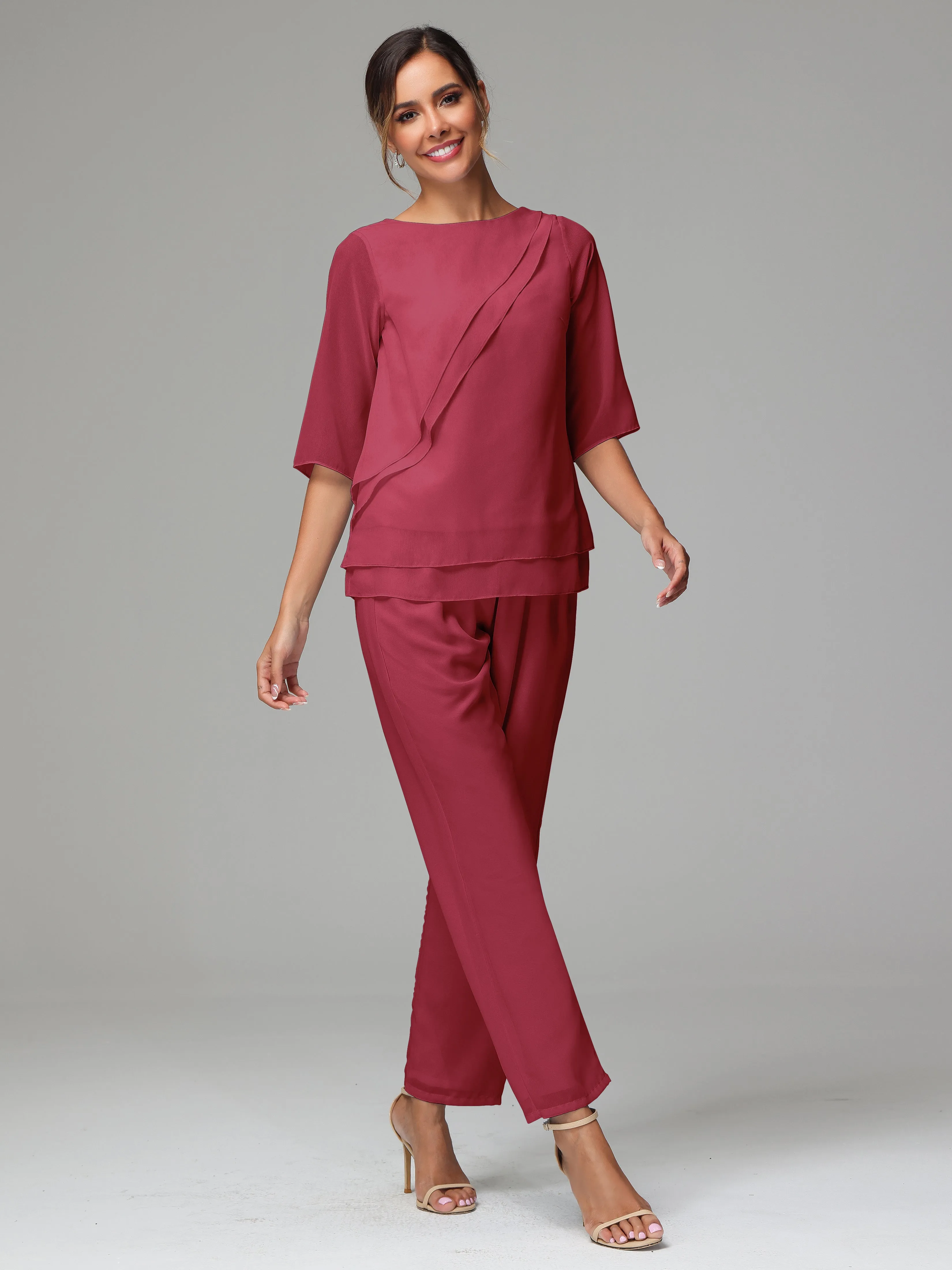 Simple Chiffon Half Sleeves Mother Of The Bride Dress Pants Suits