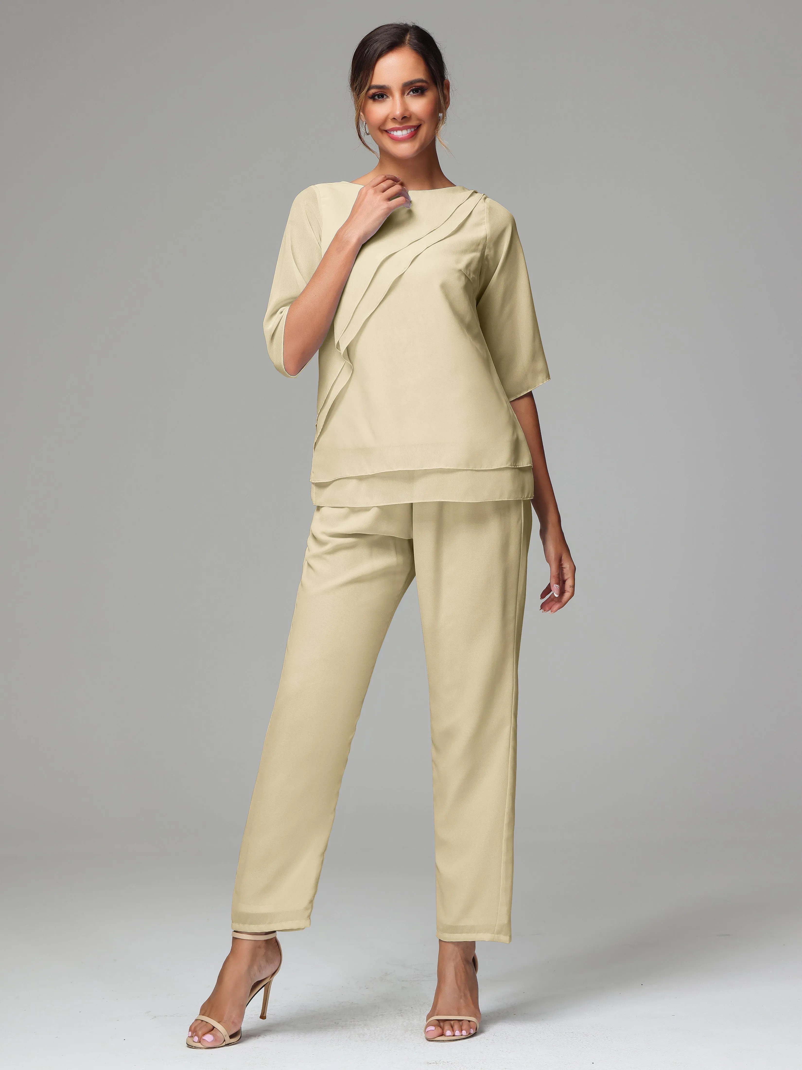 Simple Chiffon Half Sleeves Mother Of The Bride Dress Pants Suits