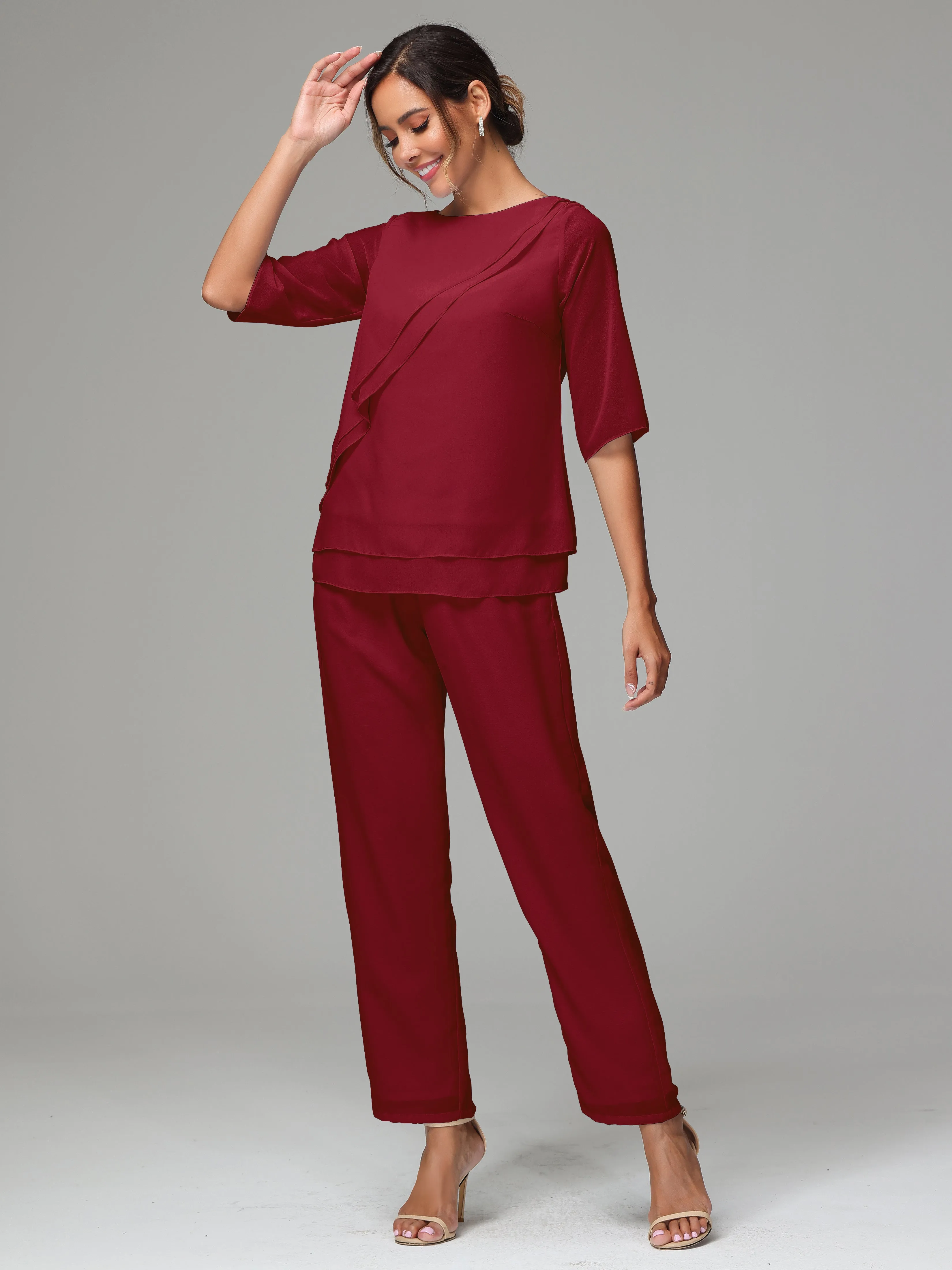 Simple Chiffon Half Sleeves Mother Of The Bride Dress Pants Suits