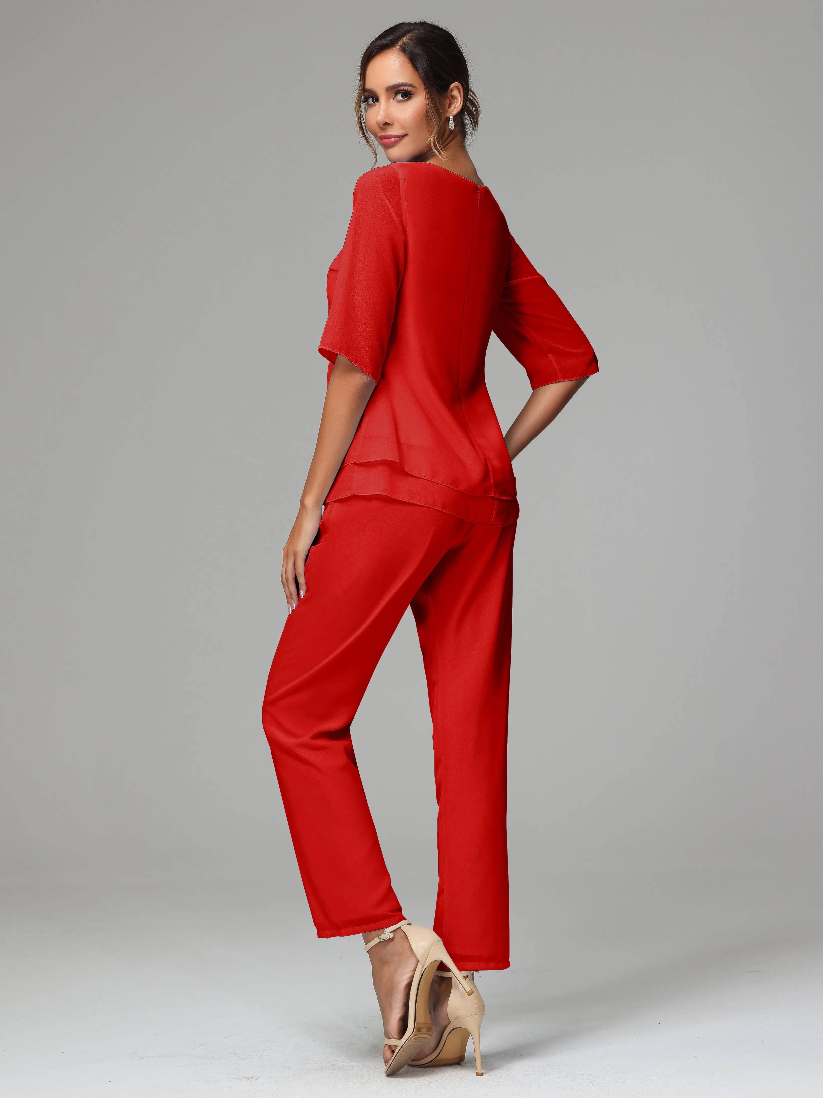 Simple Chiffon Half Sleeves Mother Of The Bride Dress Pants Suits