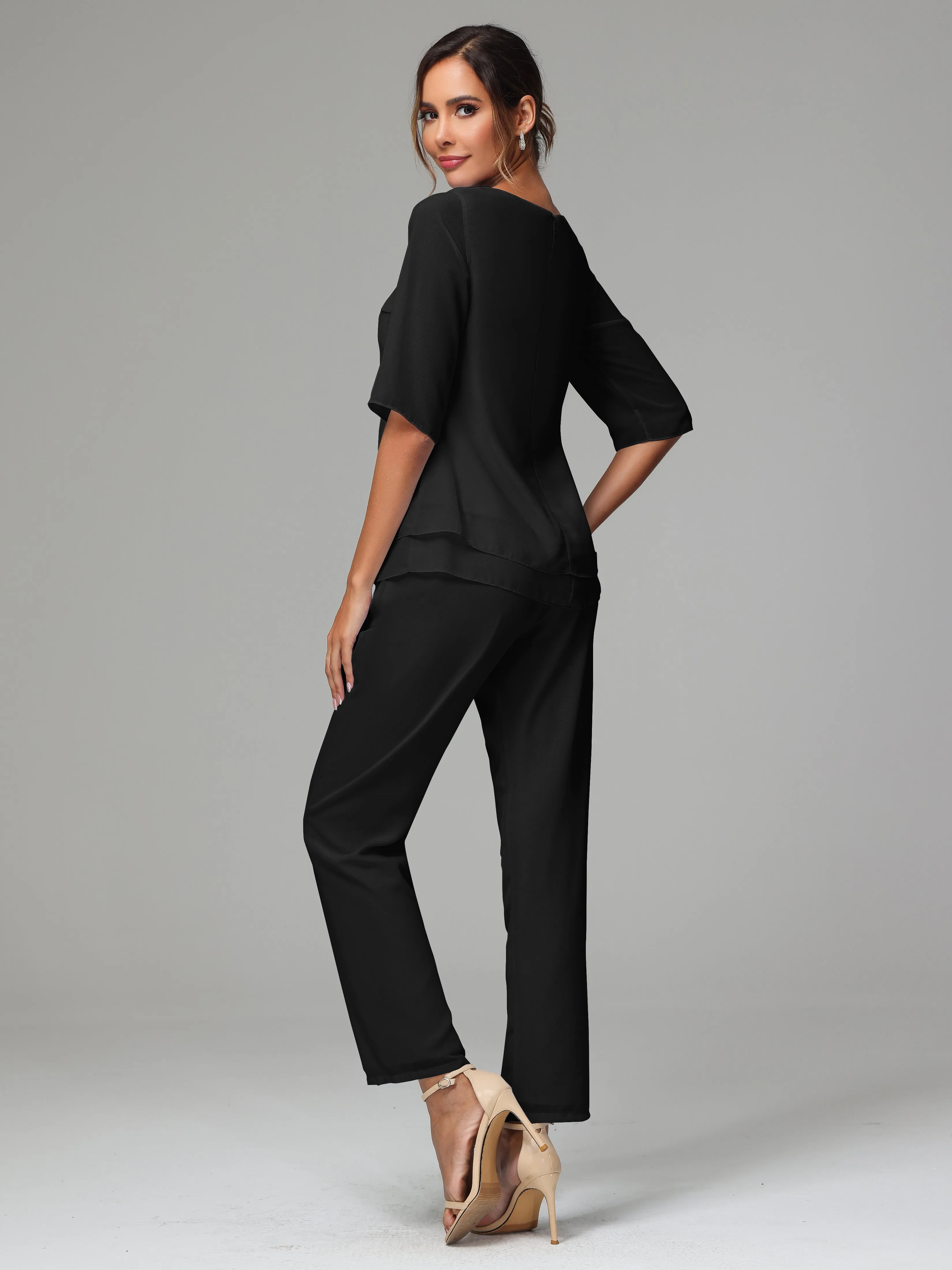 Simple Chiffon Half Sleeves Mother Of The Bride Dress Pants Suits
