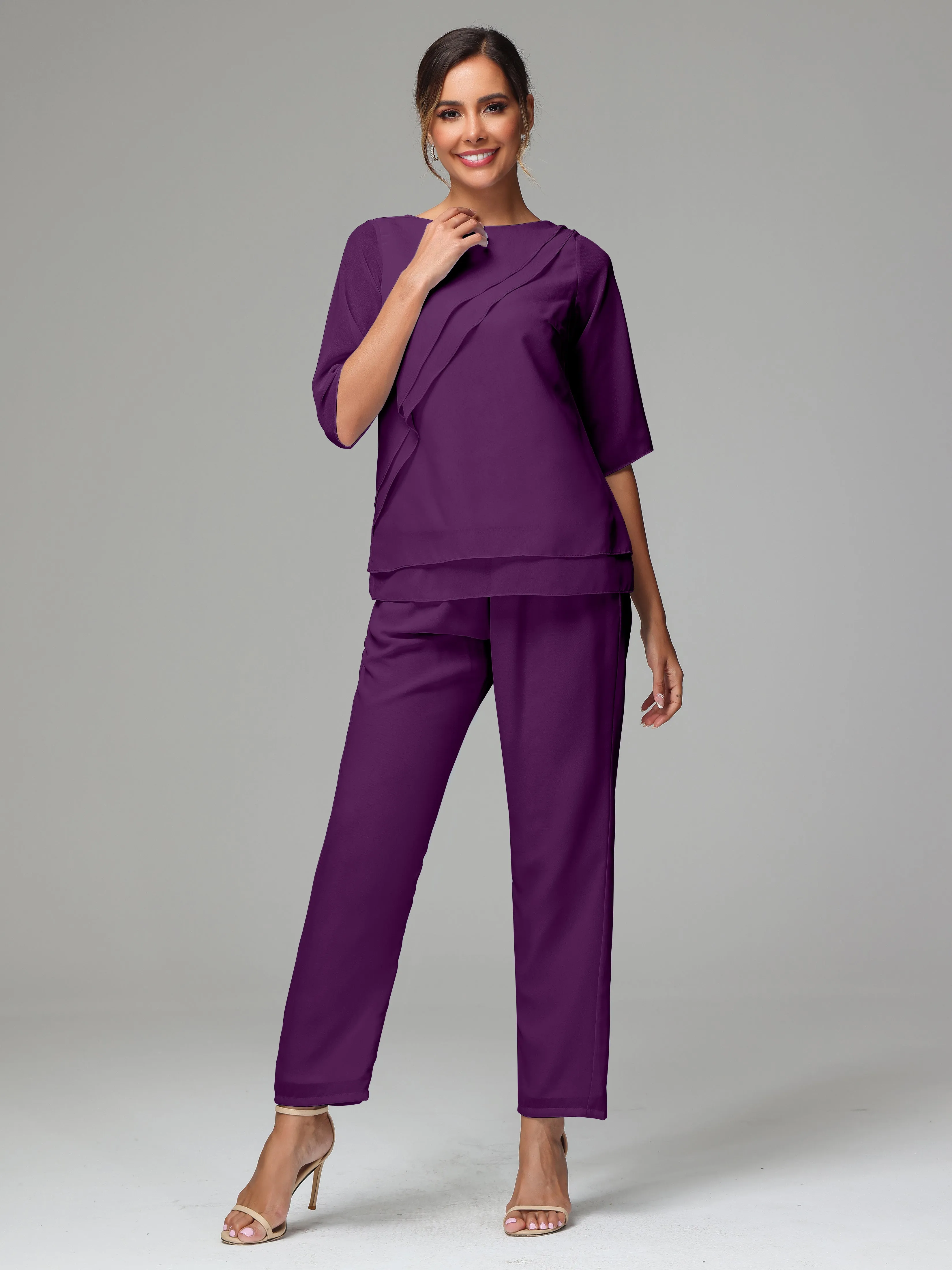 Simple Chiffon Half Sleeves Mother Of The Bride Dress Pants Suits