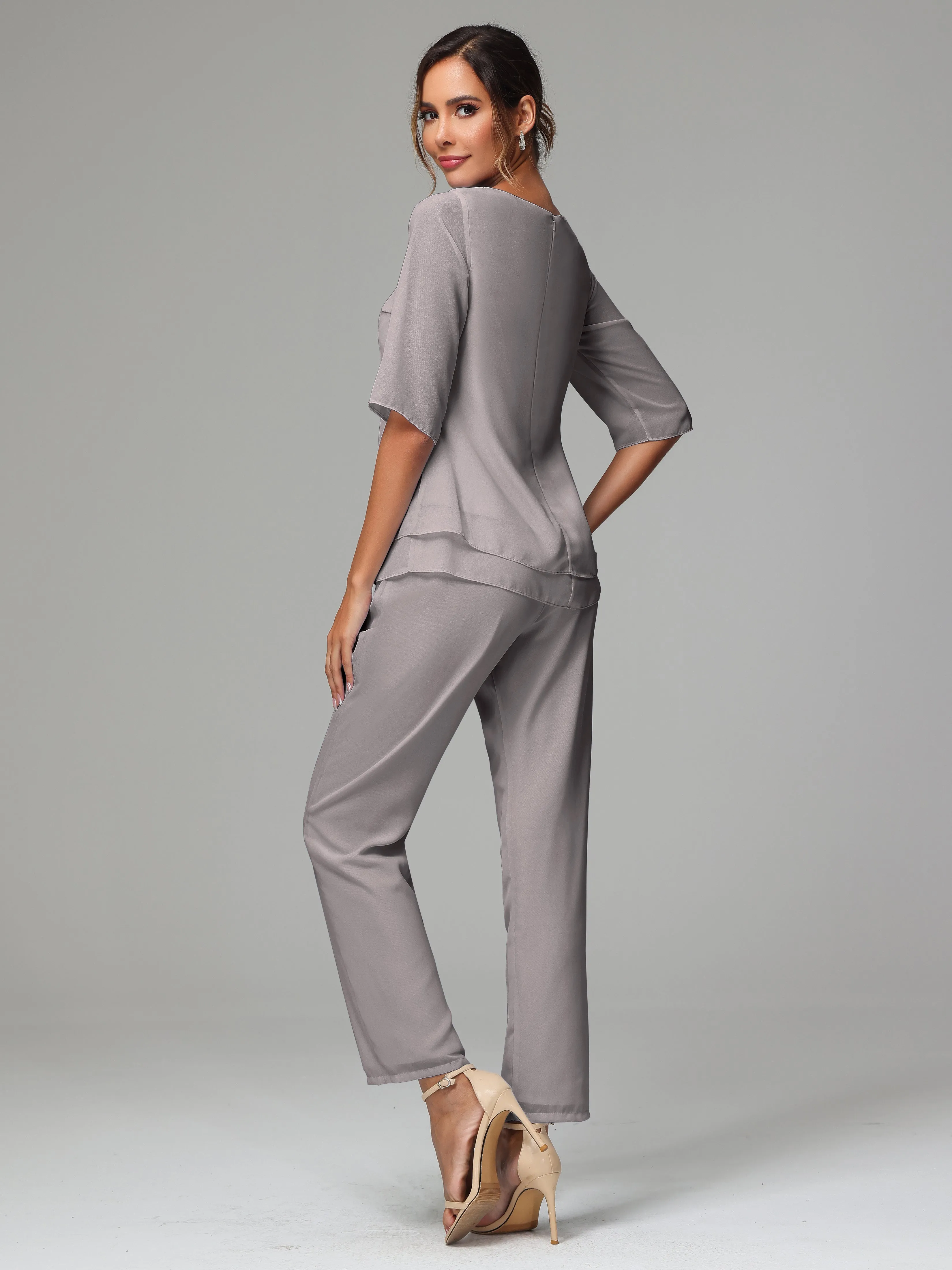Simple Chiffon Half Sleeves Mother Of The Bride Dress Pants Suits