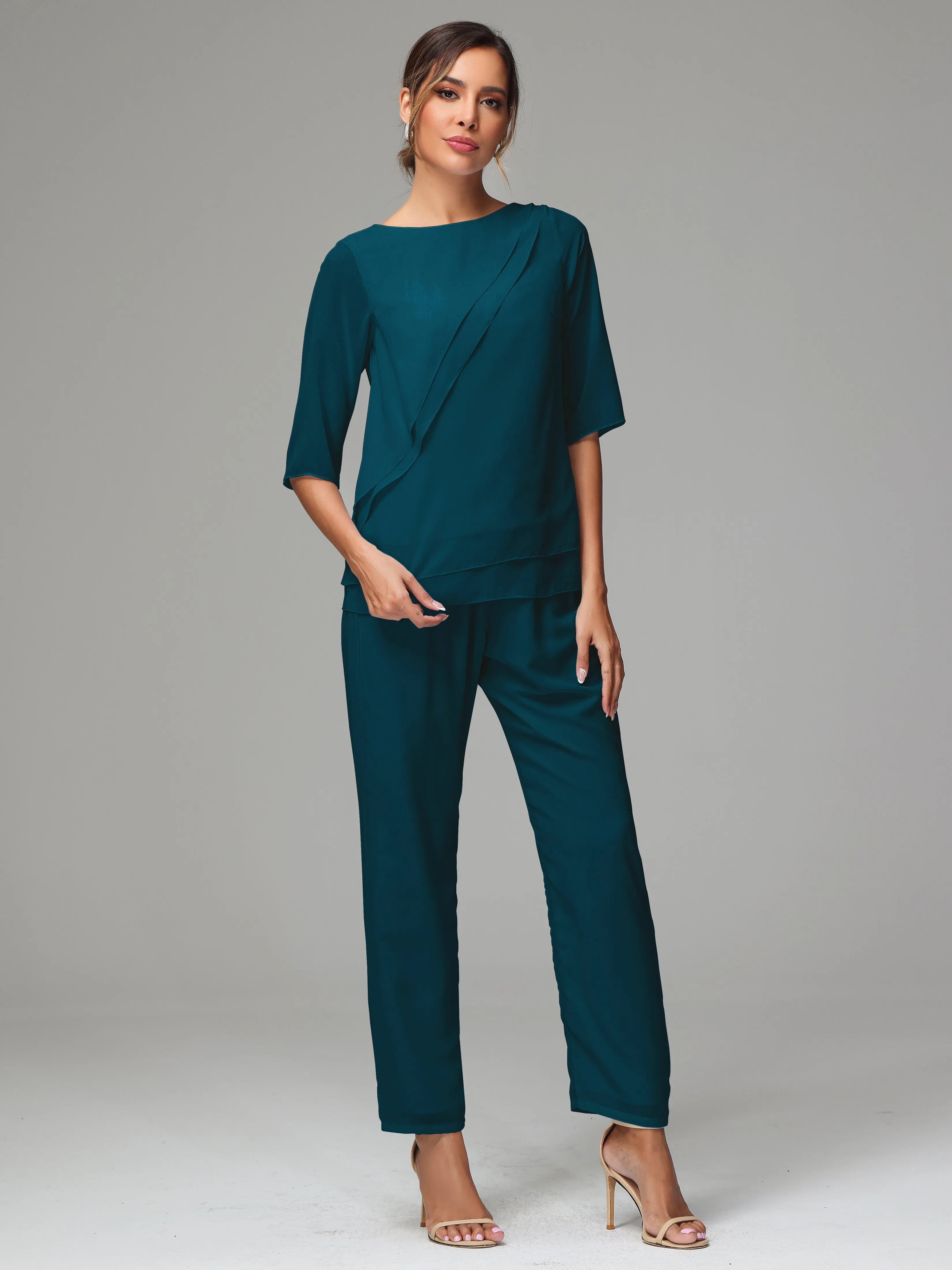 Simple Chiffon Half Sleeves Mother Of The Bride Dress Pants Suits
