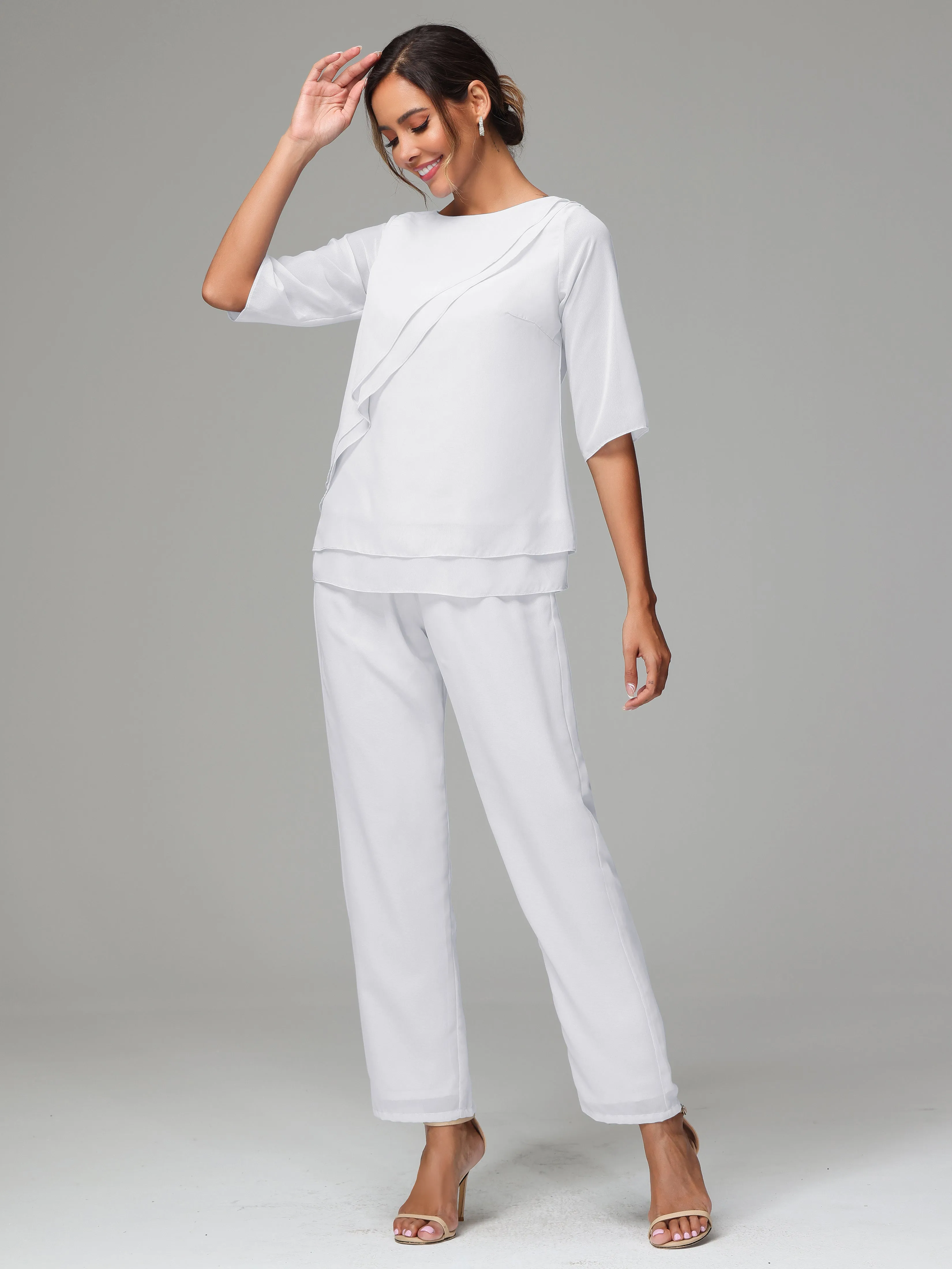 Simple Chiffon Half Sleeves Mother Of The Bride Dress Pants Suits