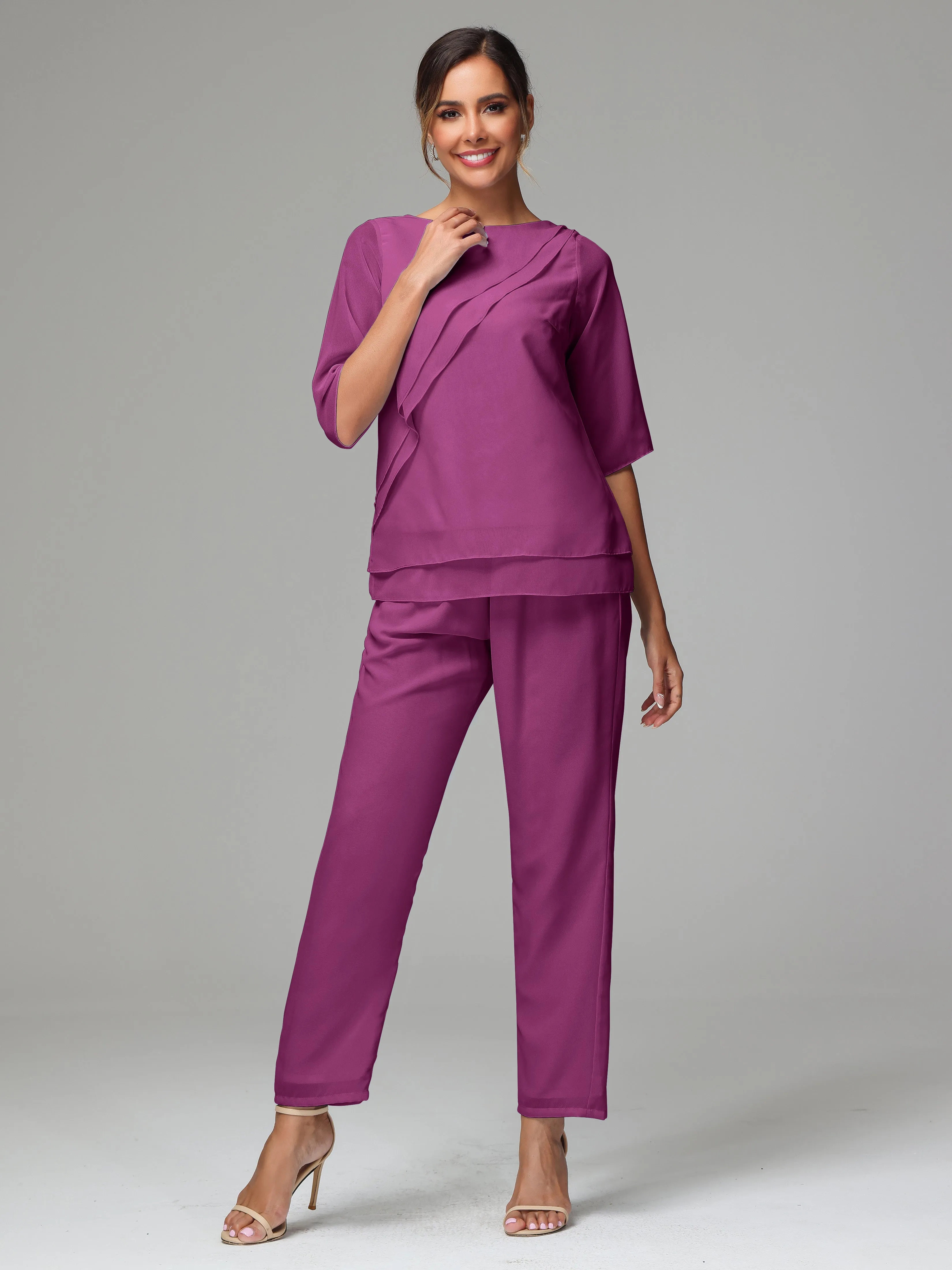 Simple Chiffon Half Sleeves Mother Of The Bride Dress Pants Suits